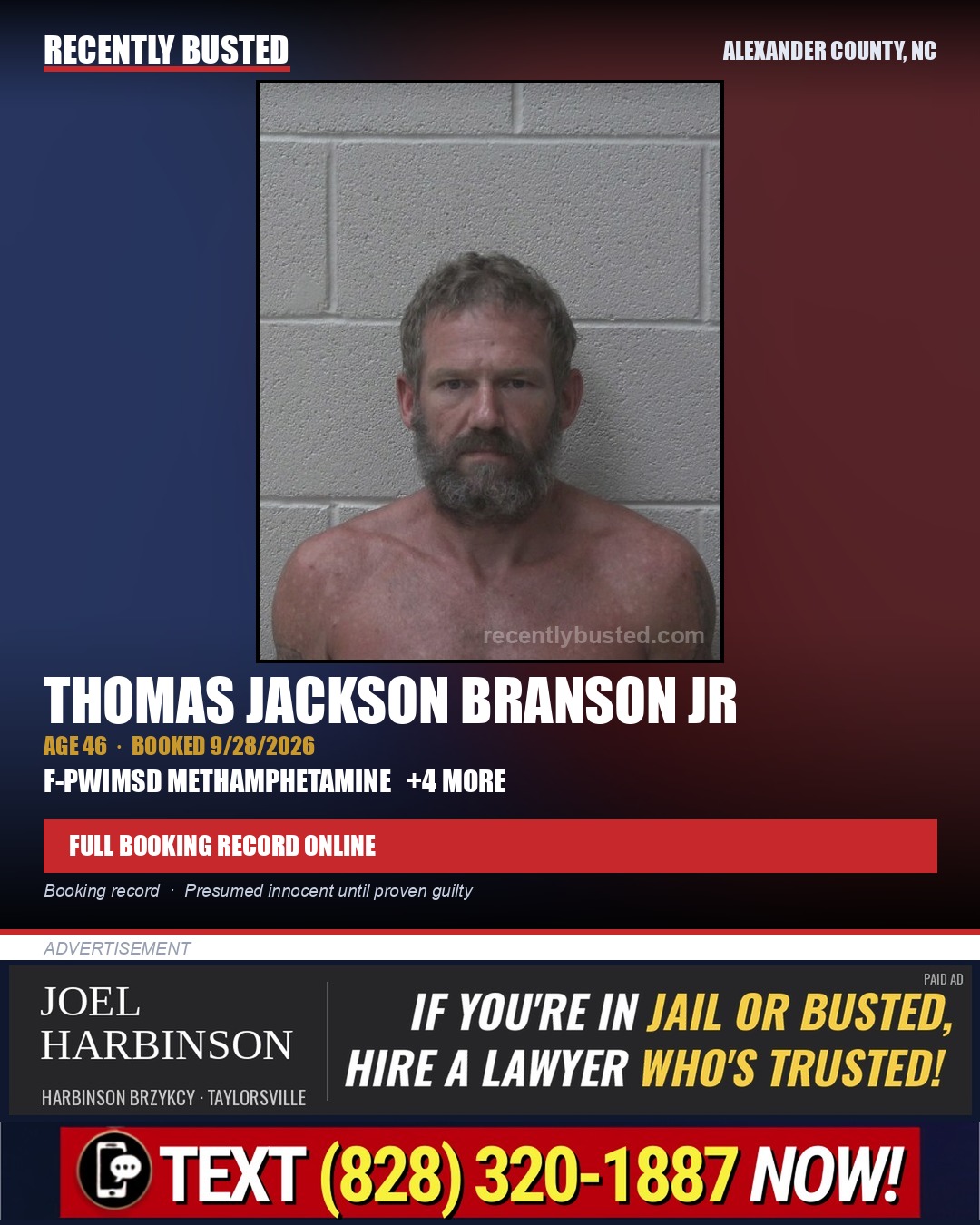 THOMAS JACKSON BRANSON JR — arrest record card, Alexander County, North Carolina