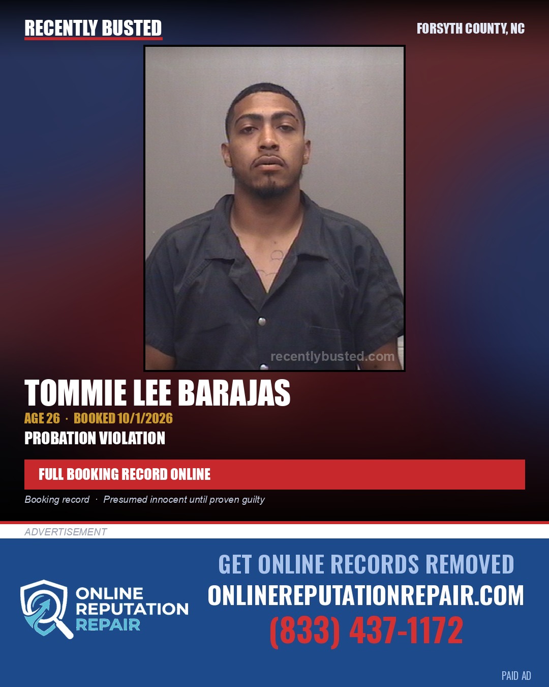 TOMMIE LEE BARAJAS — arrest record card, Forsyth County, North Carolina