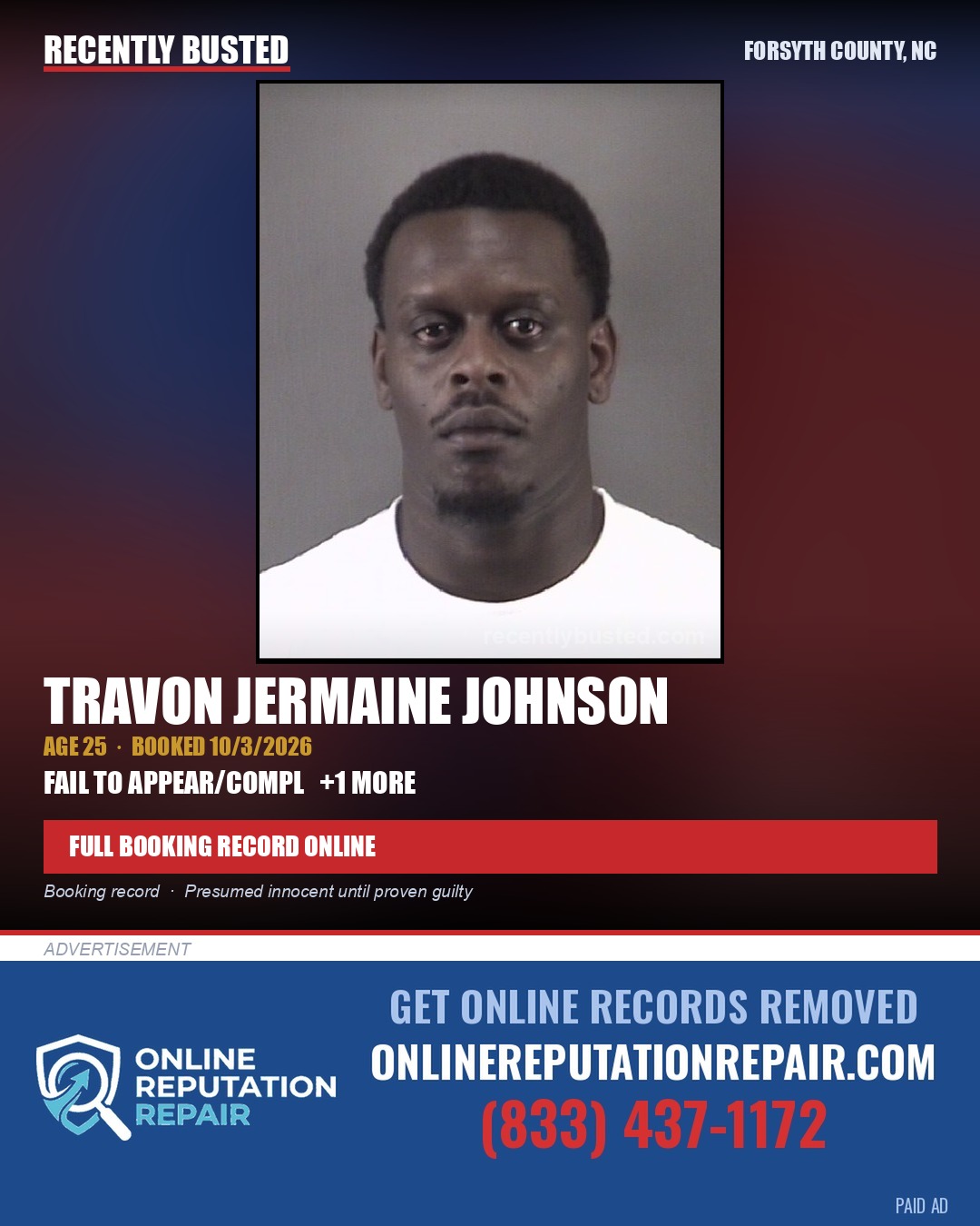 TRAVON JERMAINE JOHNSON — arrest record card, Forsyth County, North Carolina