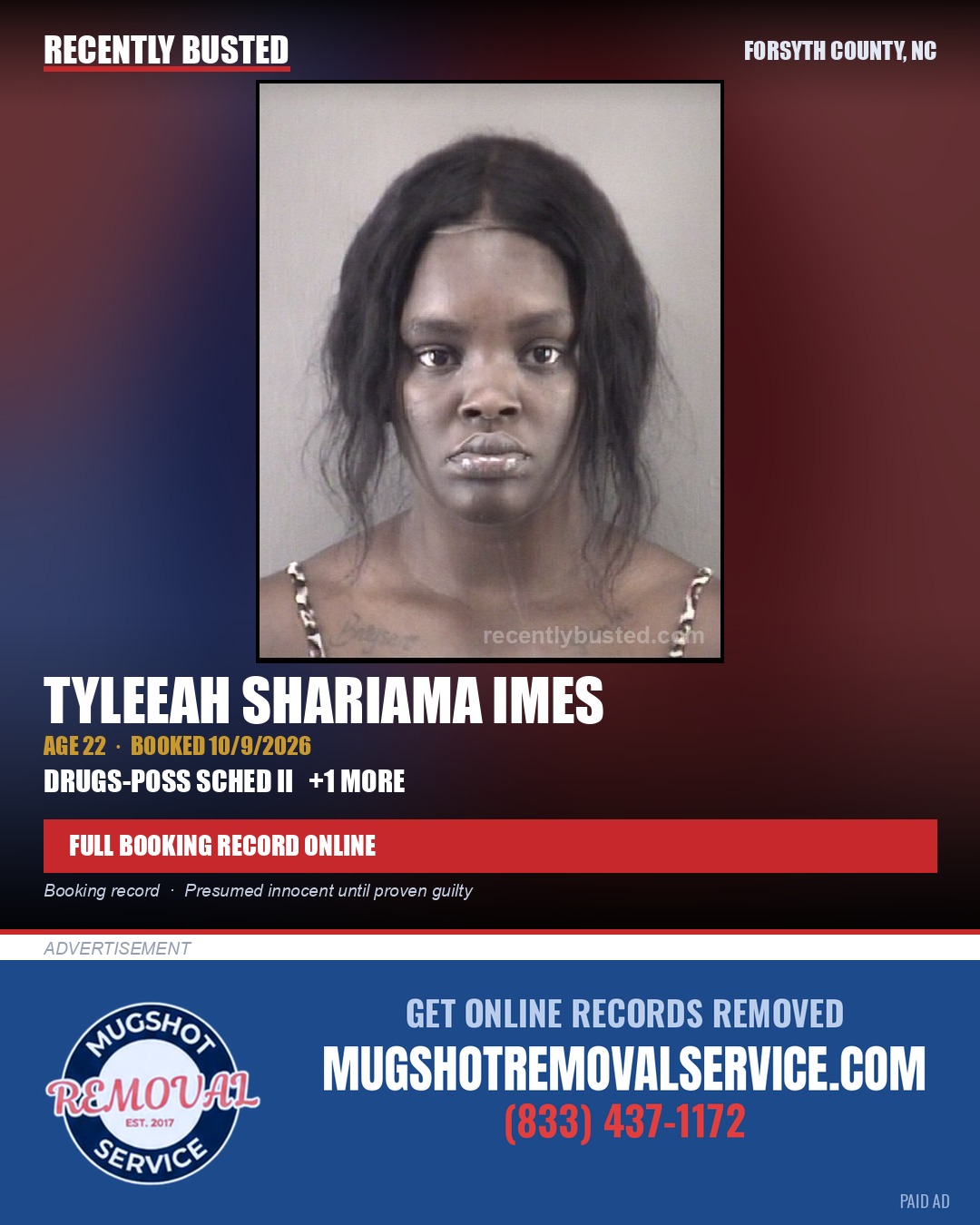 TYLEEAH SHARIAMA IMES — arrest record card, Forsyth County, North Carolina