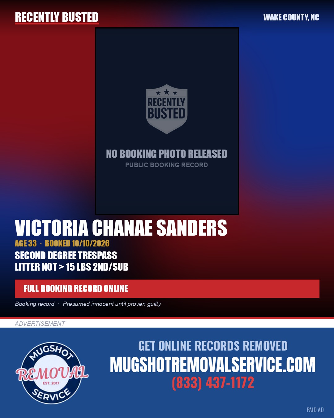 VICTORIA CHANAE SANDERS — arrest record card, Wake County, North Carolina