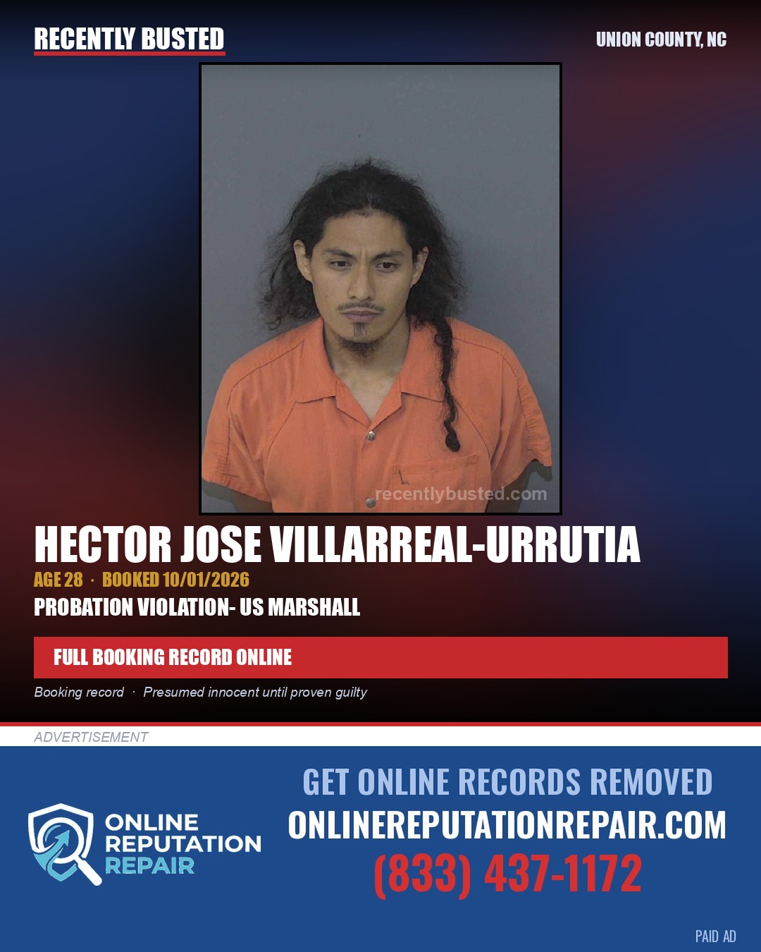 VILLARREAL-URRUTIA, HECTOR JOSE — arrest record card, Union County, North Carolina