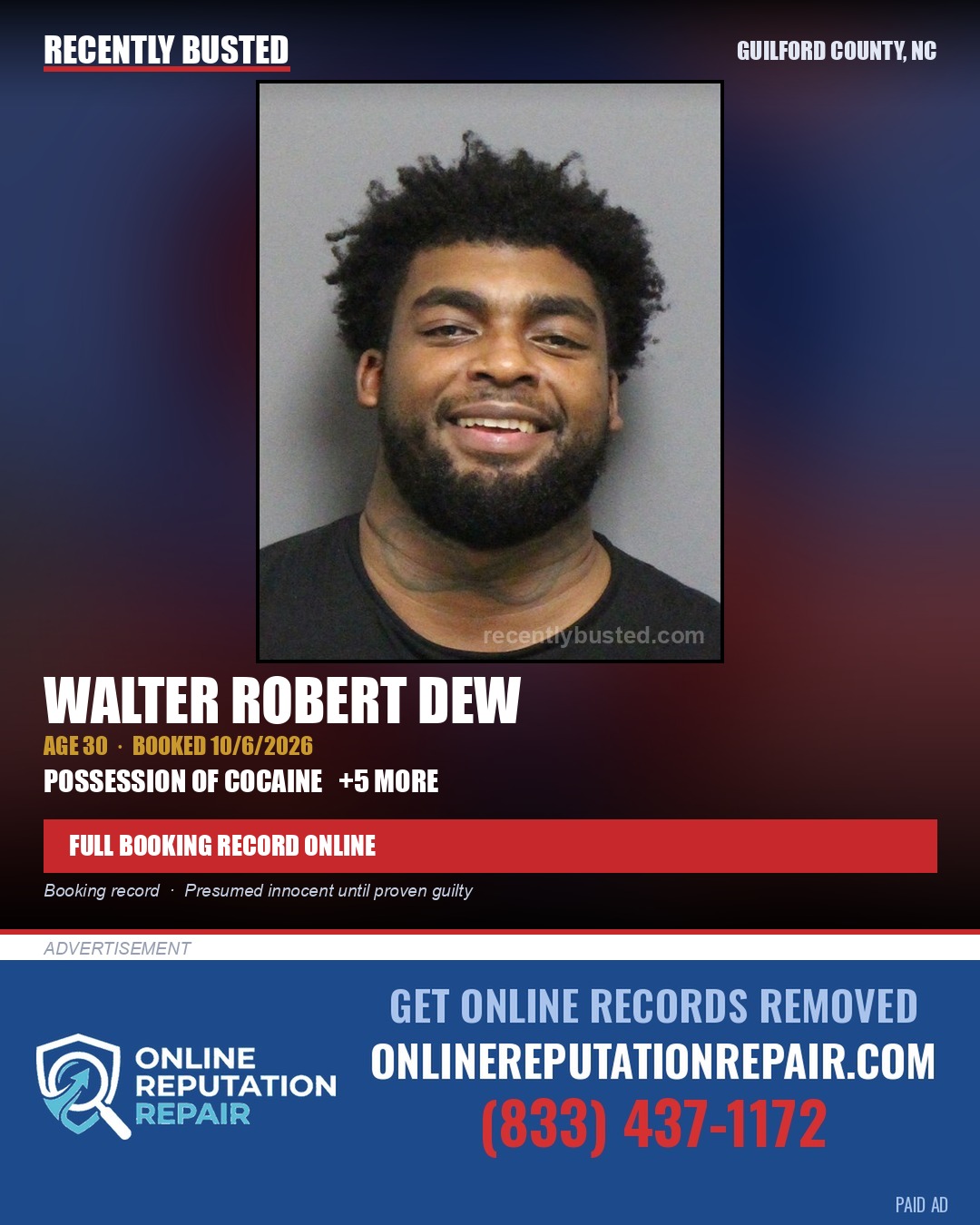 WALTER ROBERT DEW — arrest record card, Guilford County, North Carolina