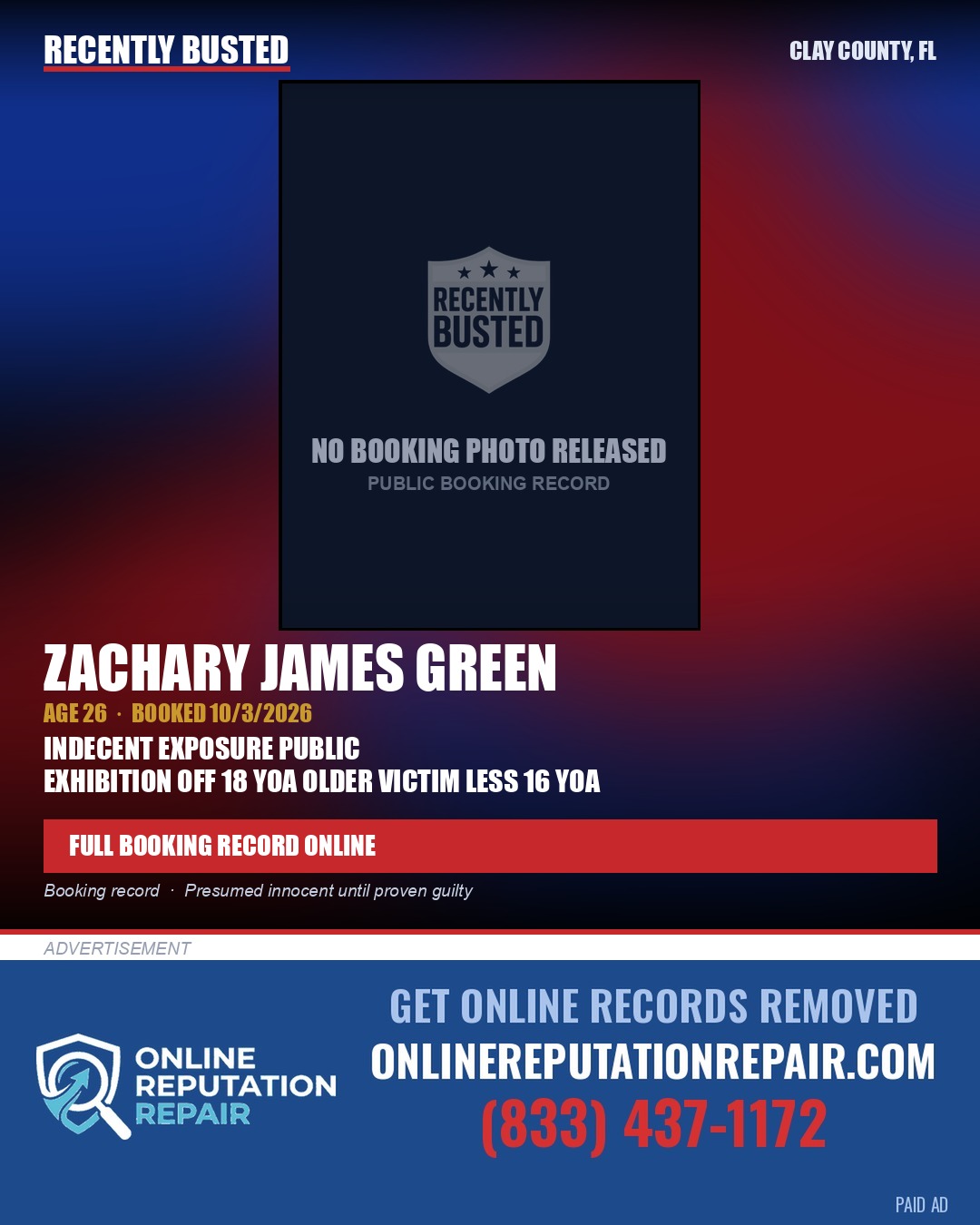 ZACHARY JAMES GREEN — arrest record card, Clay County, Florida