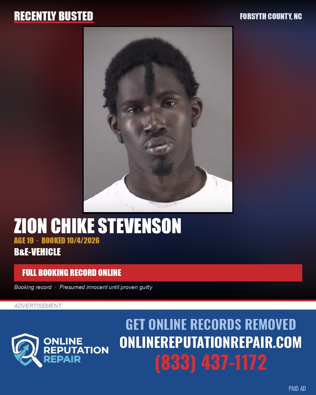 ZION CHIKE STEVENSON — arrest record card, Forsyth County, North Carolina