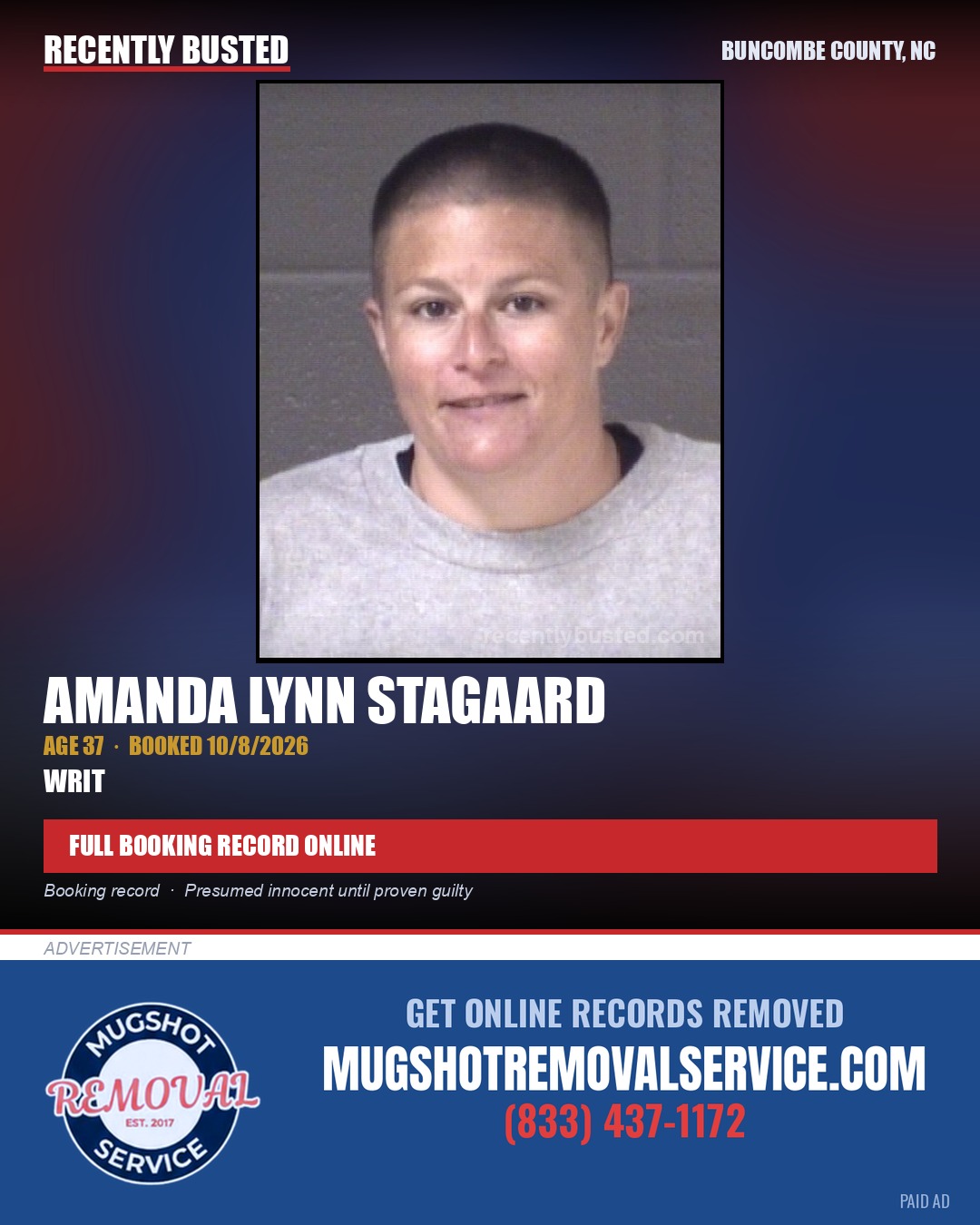 AMANDA LYNN STAGAARD — arrest record card, Buncombe County, North Carolina