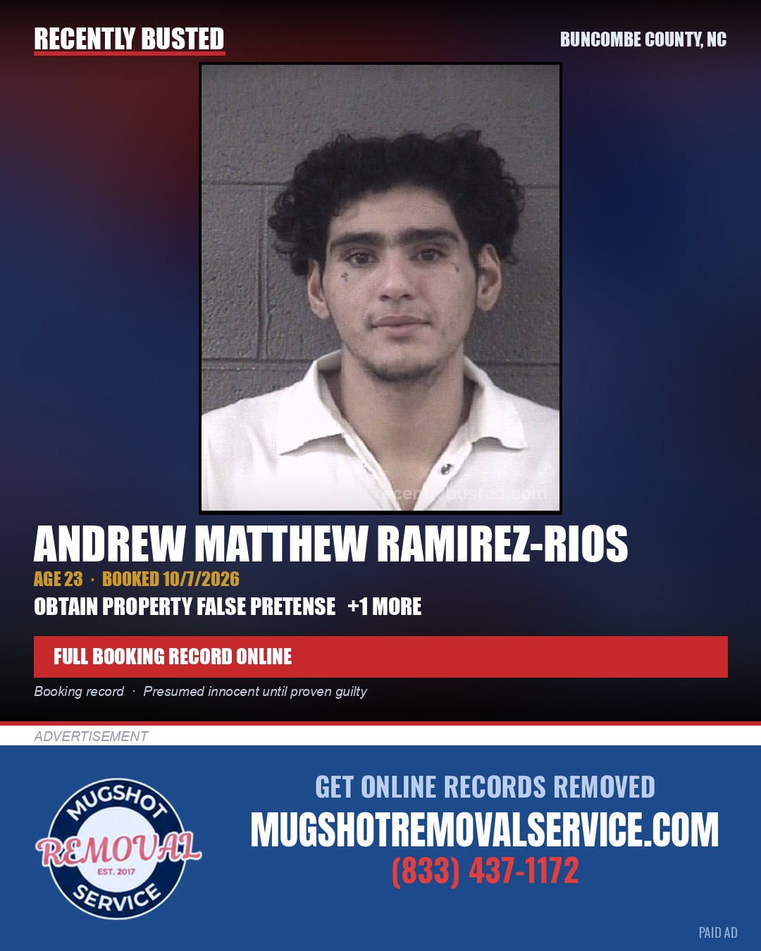 ANDREW MATTHEW RAMIREZ-RIOS — arrest record card, Buncombe County, North Carolina