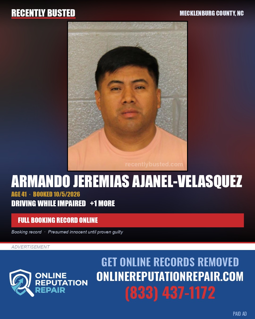 ARMANDO JEREMIAS AJANEL-VELASQUEZ — arrest record card, Mecklenburg County, North Carolina