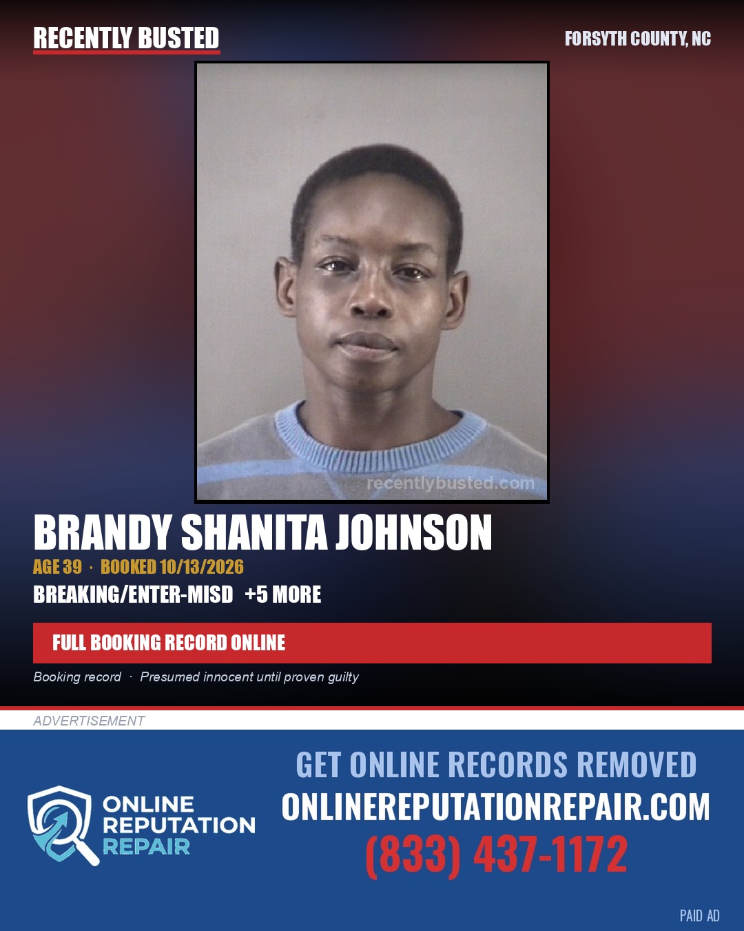 BRANDY SHANITA JOHNSON — arrest record card, Forsyth County, North Carolina