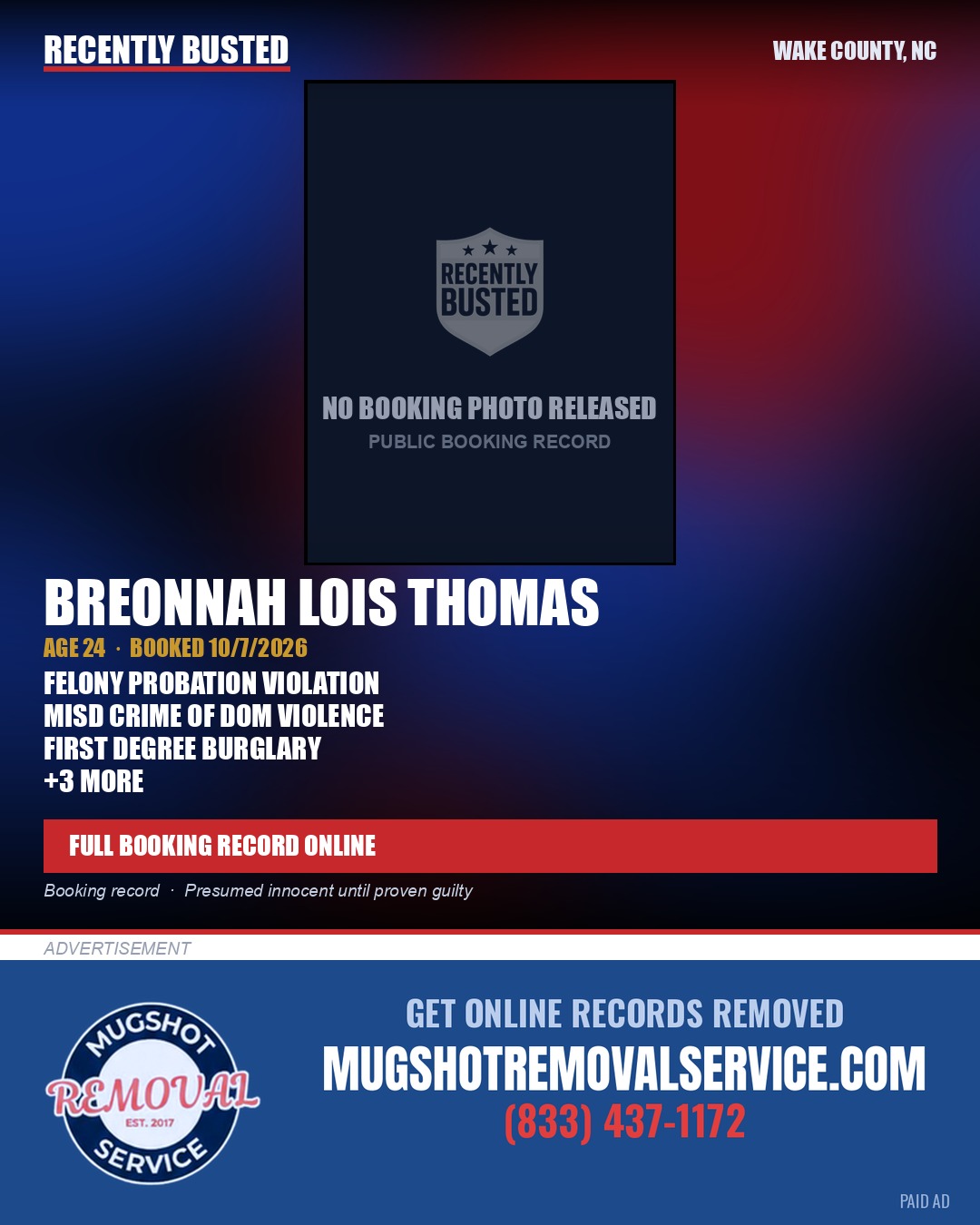 BREONNAH LOIS THOMAS — arrest record card, Wake County, North Carolina