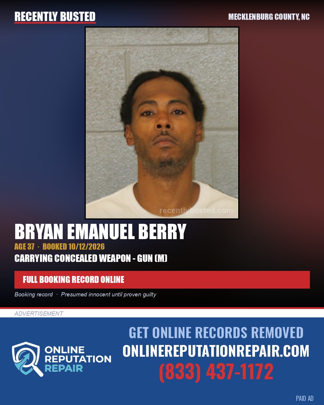 BRYAN EMANUEL BERRY — arrest record card, Mecklenburg County, North Carolina