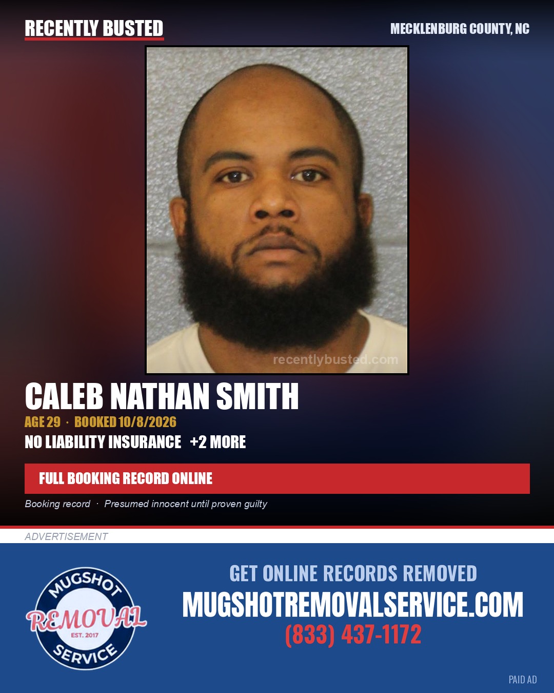 CALEB NATHAN SMITH — arrest record card, Mecklenburg County, North Carolina