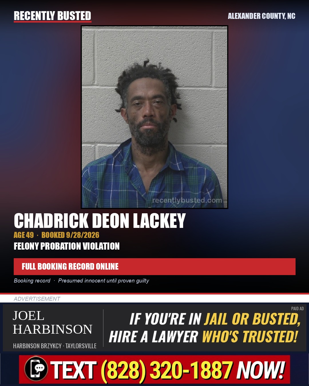 CHADRICK DEON LACKEY — arrest record card, Alexander County, North Carolina