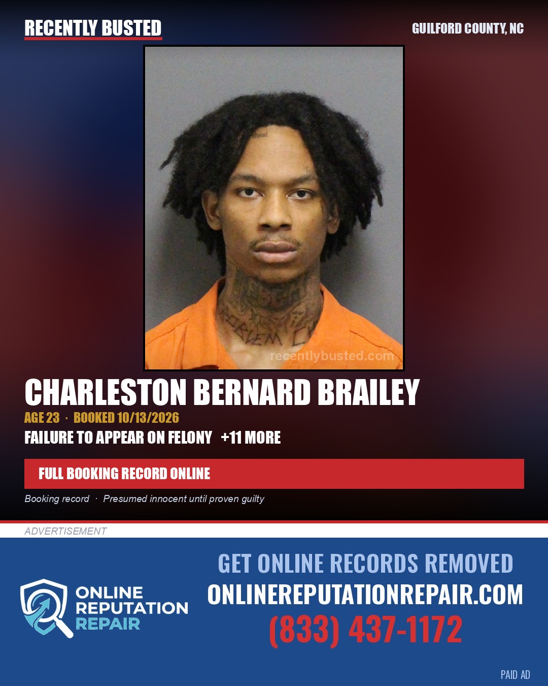 CHARLESTON BERNARD BRAILEY — arrest record card, Guilford County, North Carolina