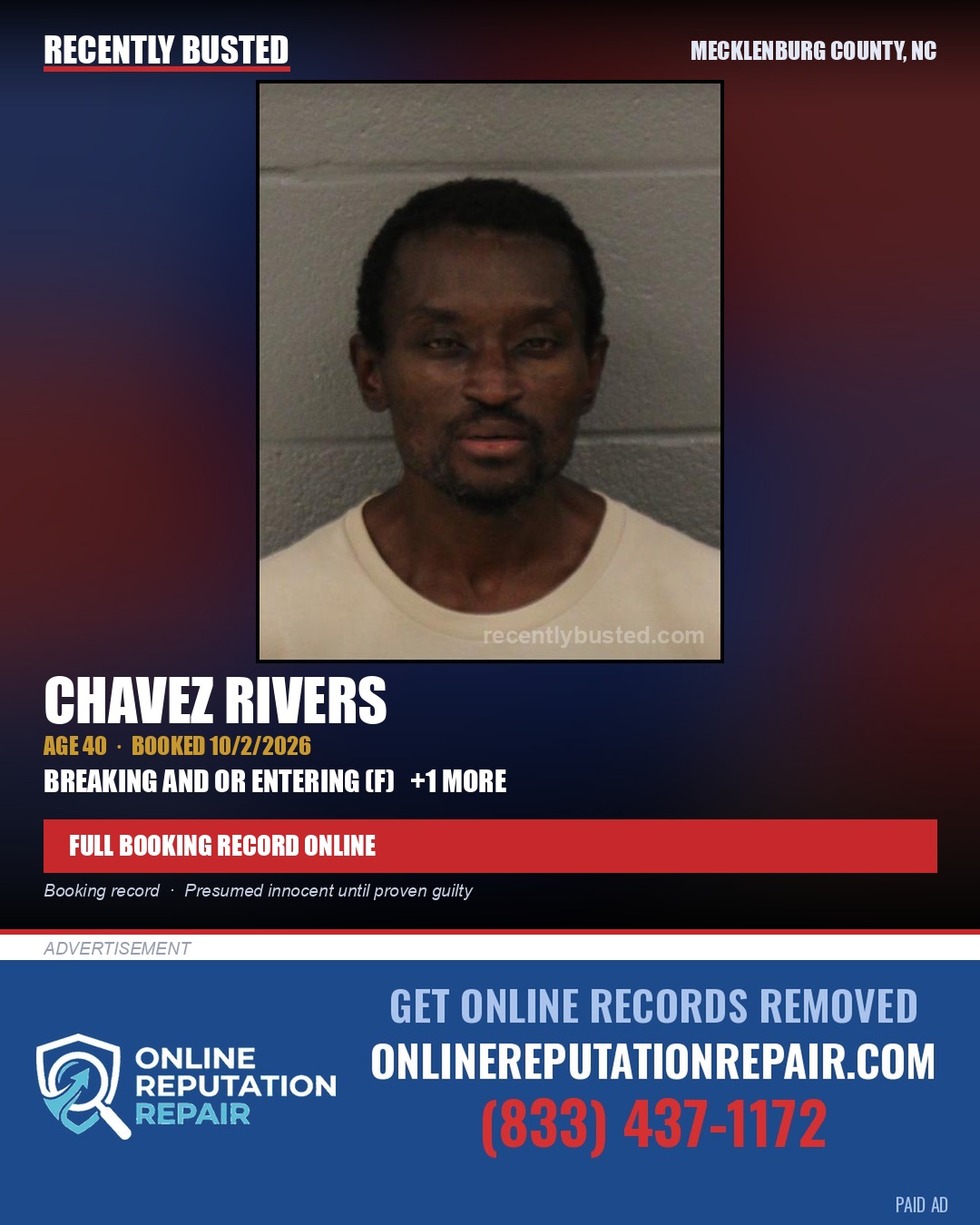 CHAVEZ RIVERS — arrest record card, Mecklenburg County, North Carolina
