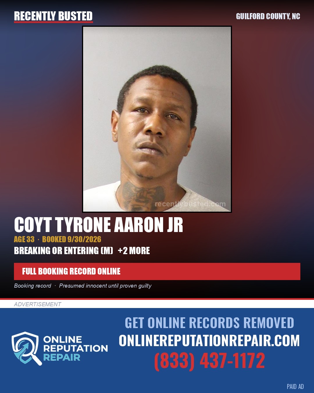 COYT TYRONE AARON JR — arrest record card, Guilford County, North Carolina