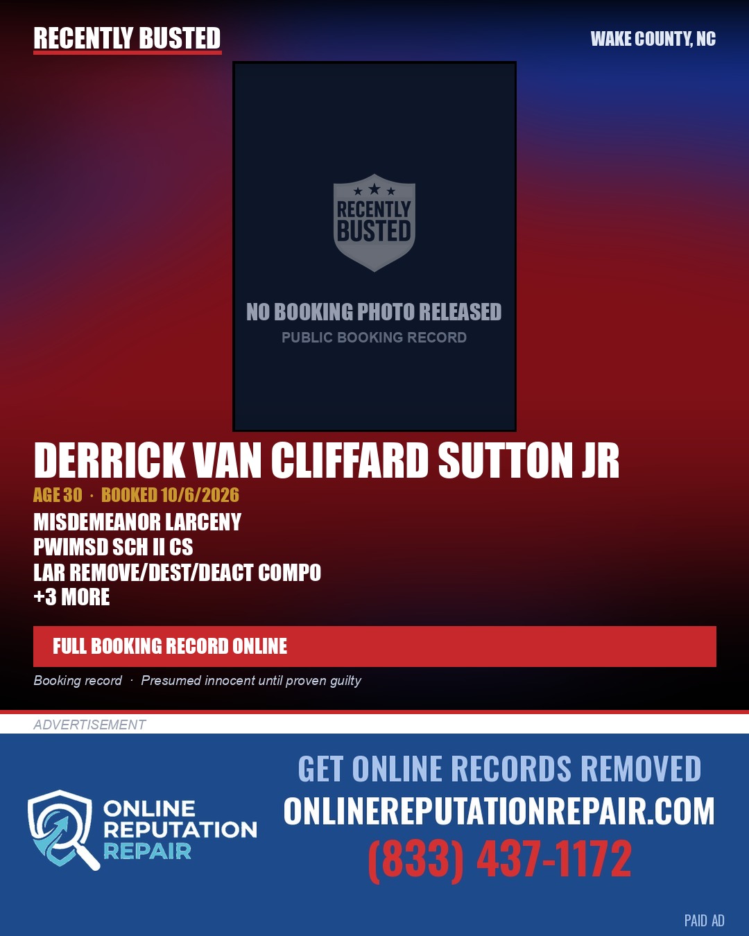 DERRICK VAN CLIFFARD SUTTON JR — arrest record card, Wake County, North Carolina