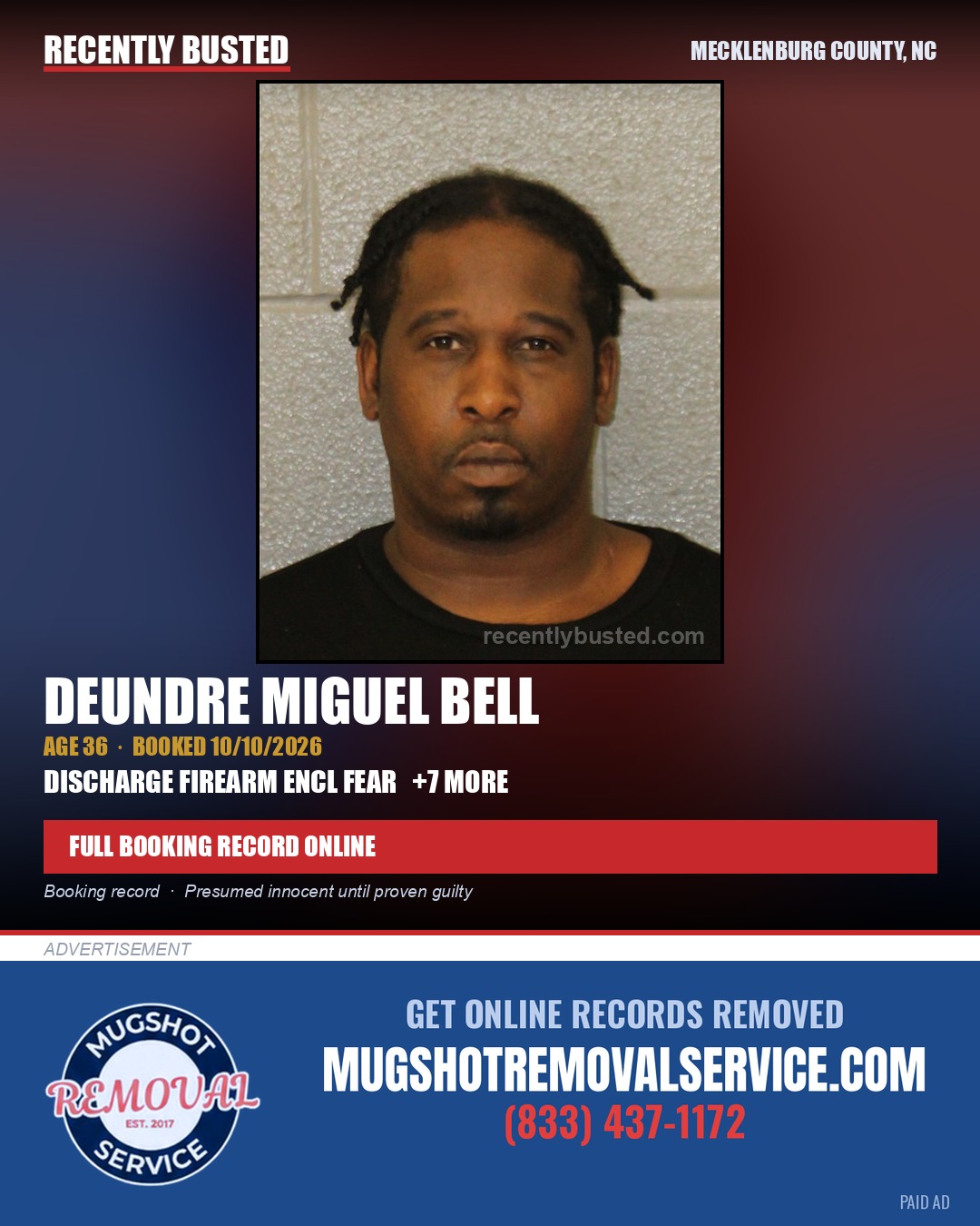 DEUNDRE MIGUEL BELL — arrest record card, Mecklenburg County, North Carolina