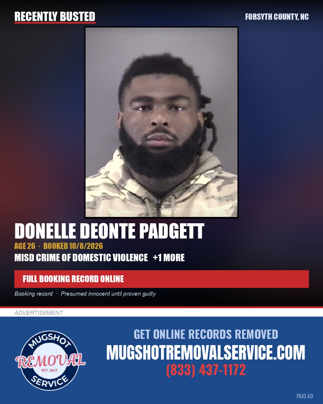 DONELLE DEONTE PADGETT — arrest record card, Forsyth County, North Carolina