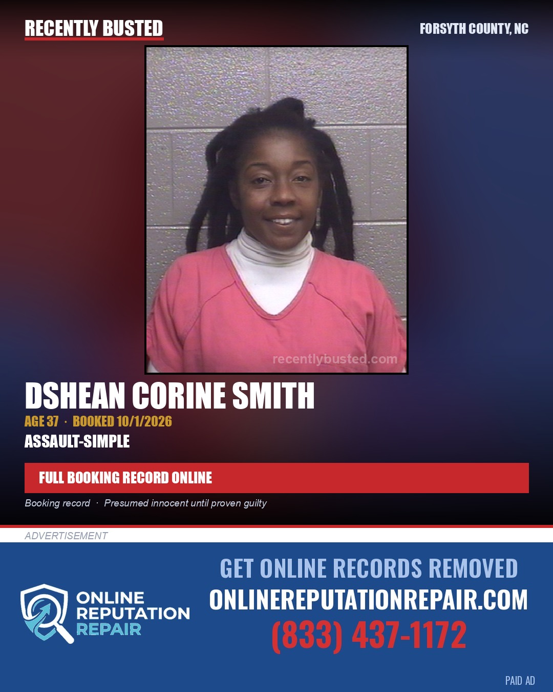 DSHEAN CORINE SMITH — arrest record card, Forsyth County, North Carolina