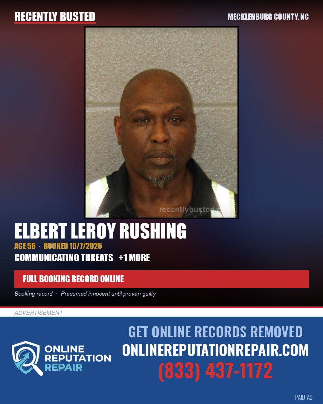 ELBERT LEROY RUSHING — arrest record card, Mecklenburg County, North Carolina
