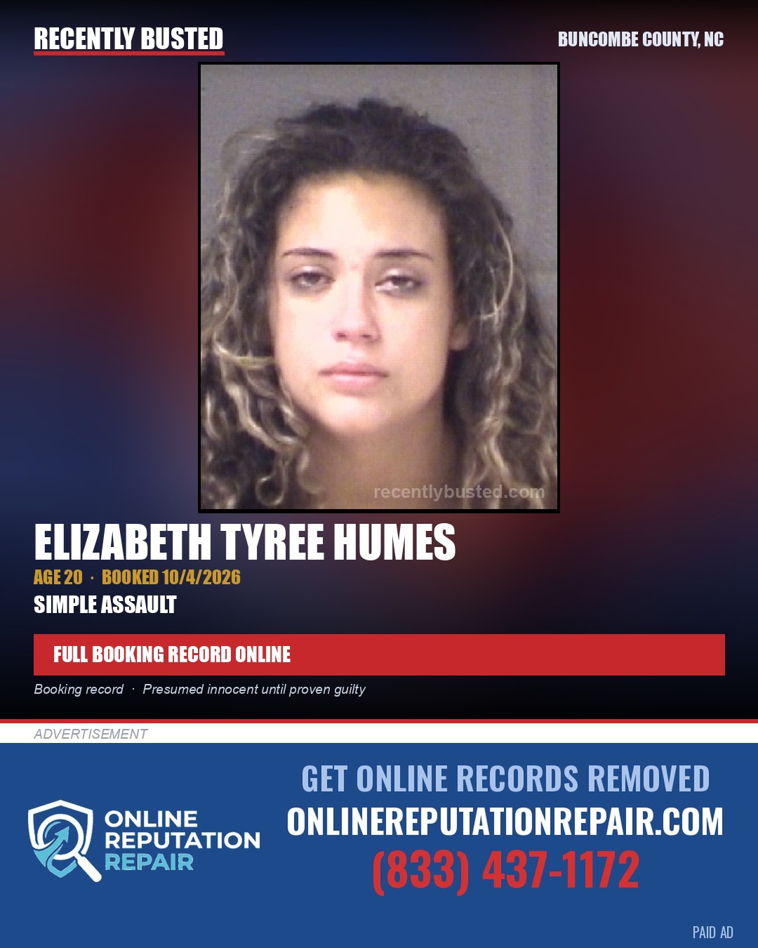 ELIZABETH TYREE HUMES — arrest record card, Buncombe County, North Carolina