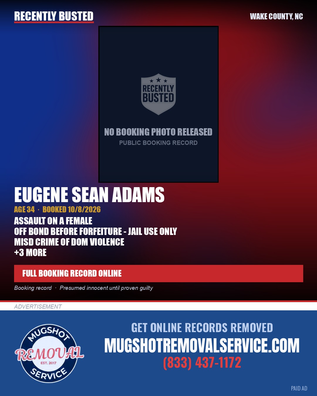 EUGENE SEAN ADAMS — arrest record card, Wake County, North Carolina