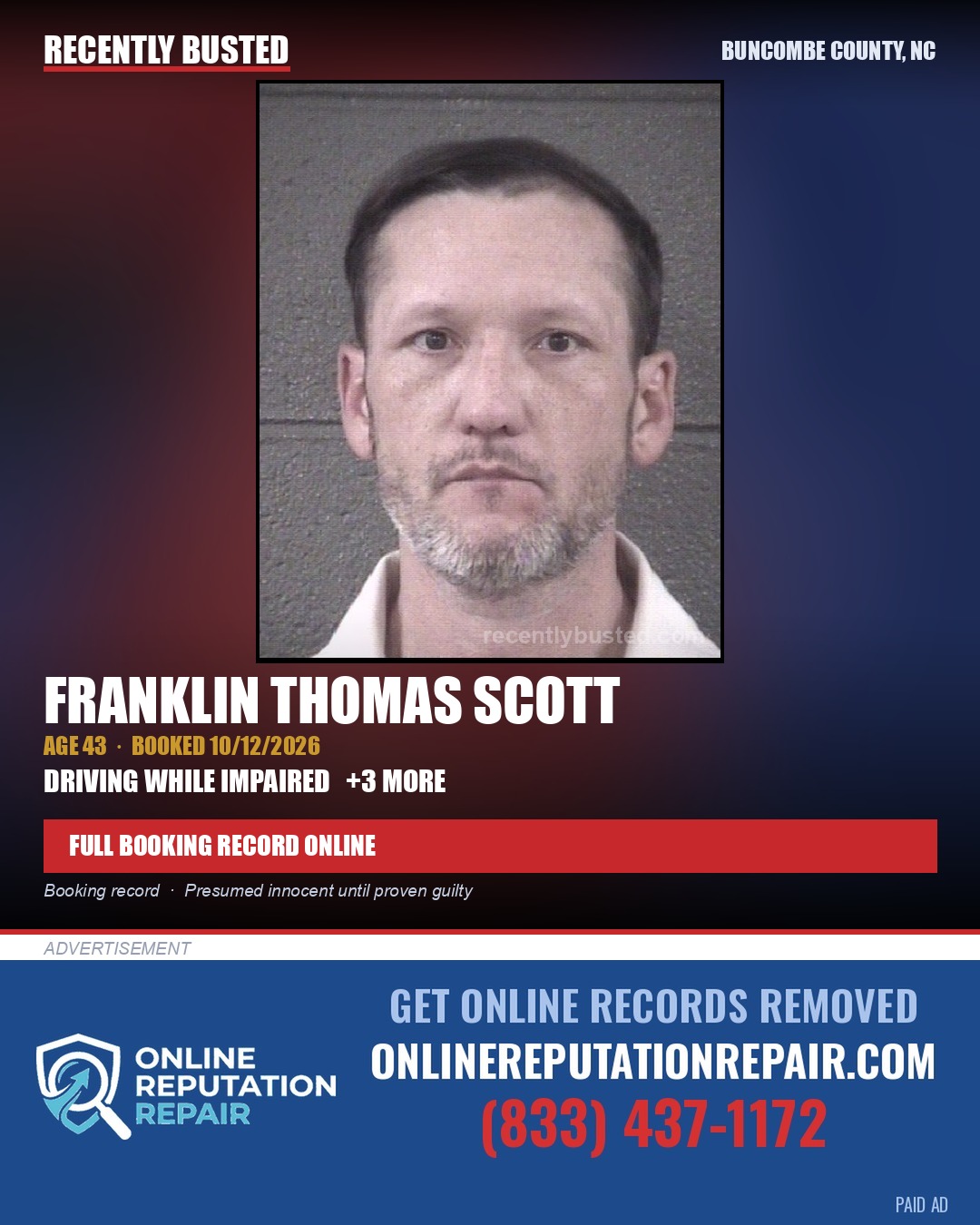 FRANKLIN THOMAS SCOTT — arrest record card, Buncombe County, North Carolina