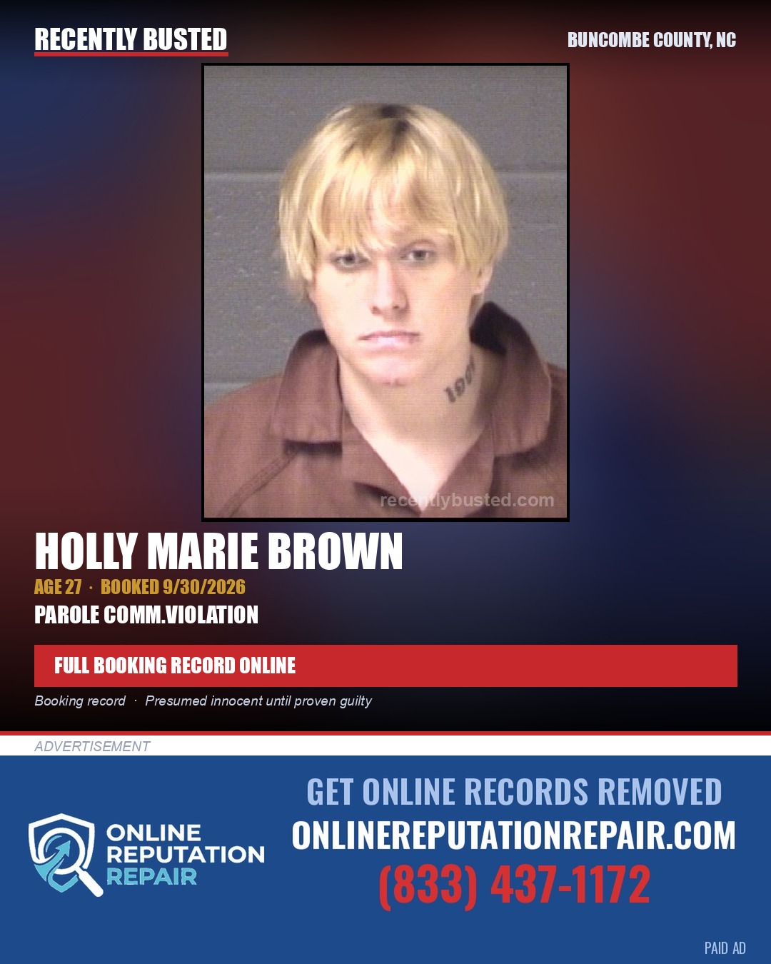 HOLLY MARIE BROWN — arrest record card, Buncombe County, North Carolina