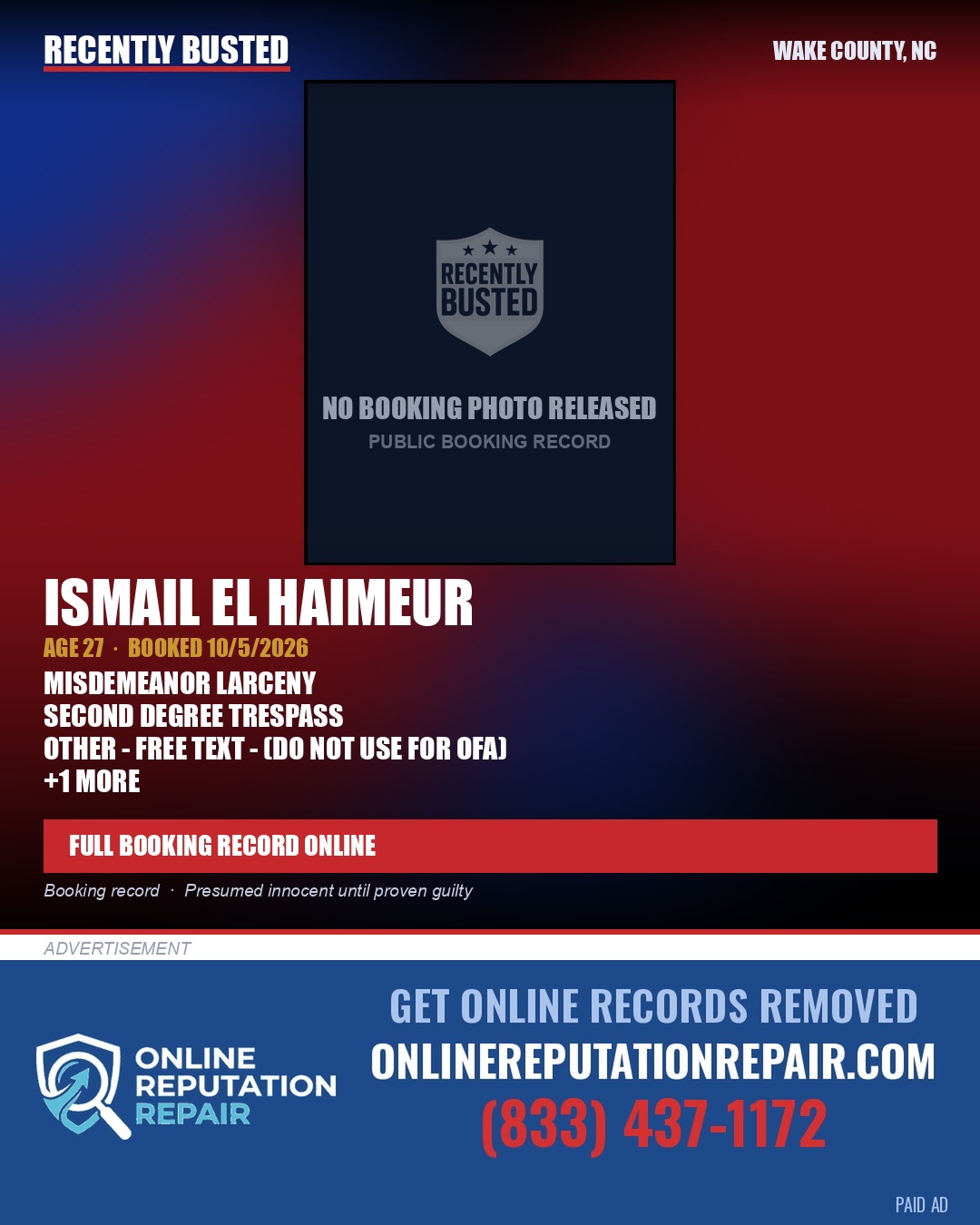 ISMAIL EL HAIMEUR — arrest record card, Wake County, North Carolina