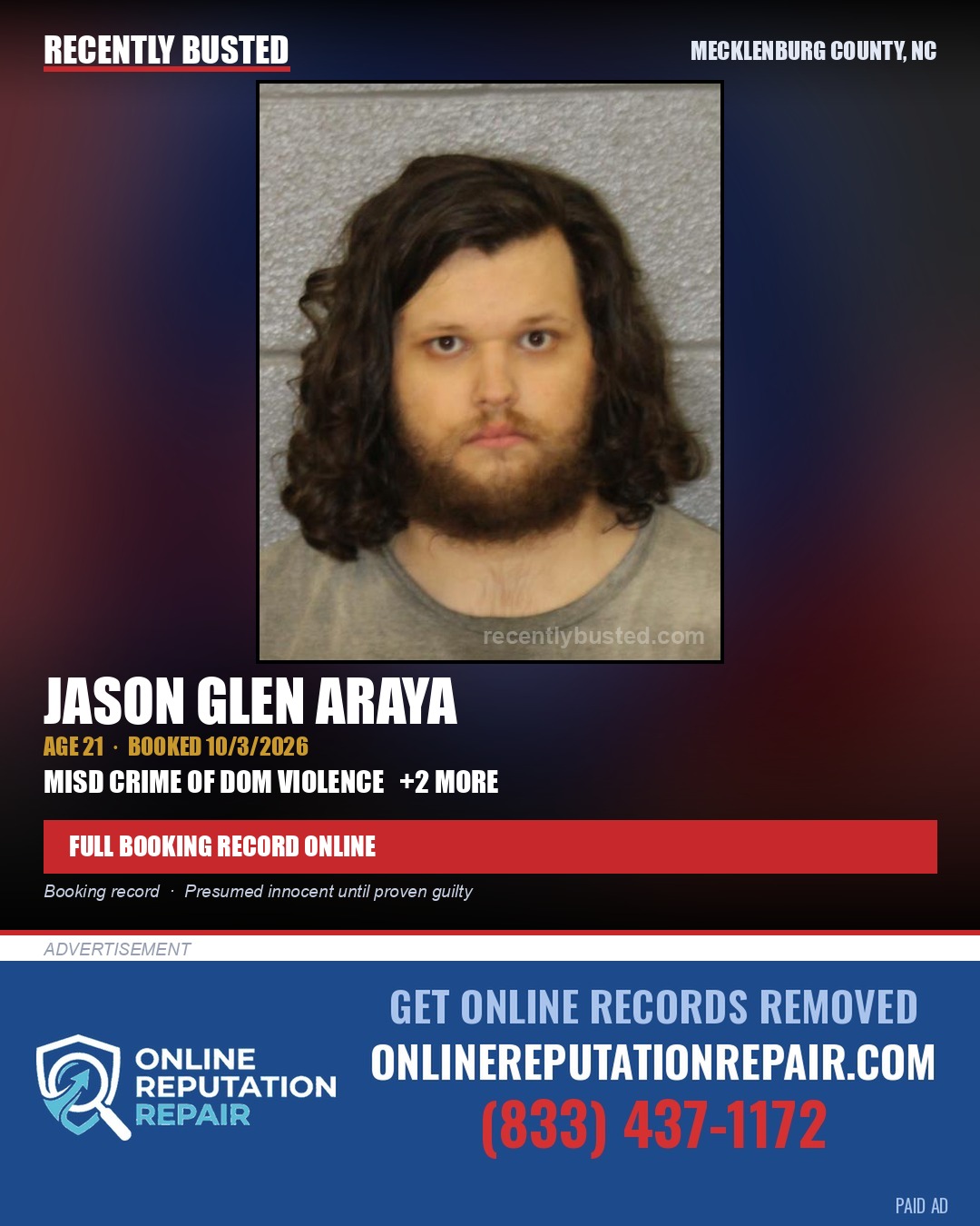 JASON GLEN ARAYA — arrest record card, Mecklenburg County, North Carolina