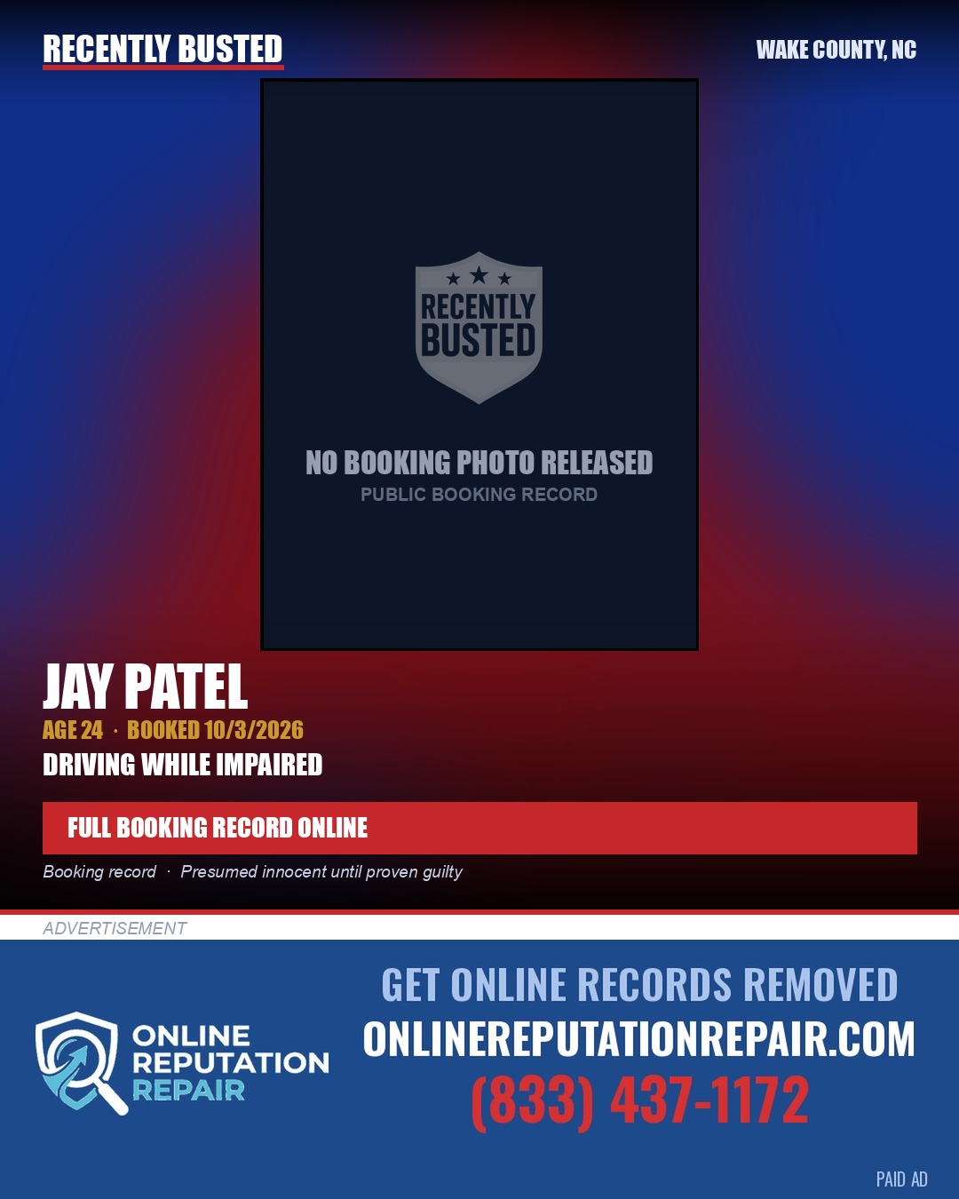 JAY PATEL — arrest record card, Wake County, North Carolina