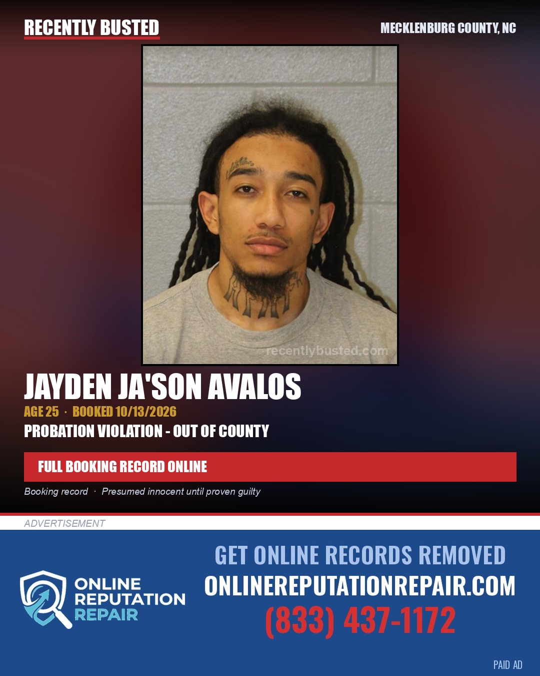 JAYDEN JA'SON AVALOS — arrest record card, Mecklenburg County, North Carolina