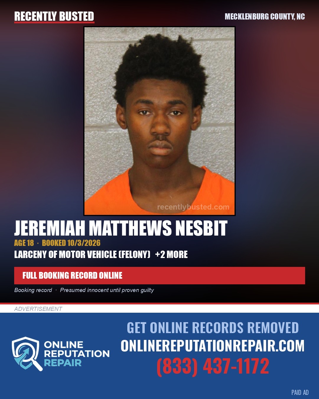 JEREMIAH MATTHEWS NESBIT — arrest record card, Mecklenburg County, North Carolina