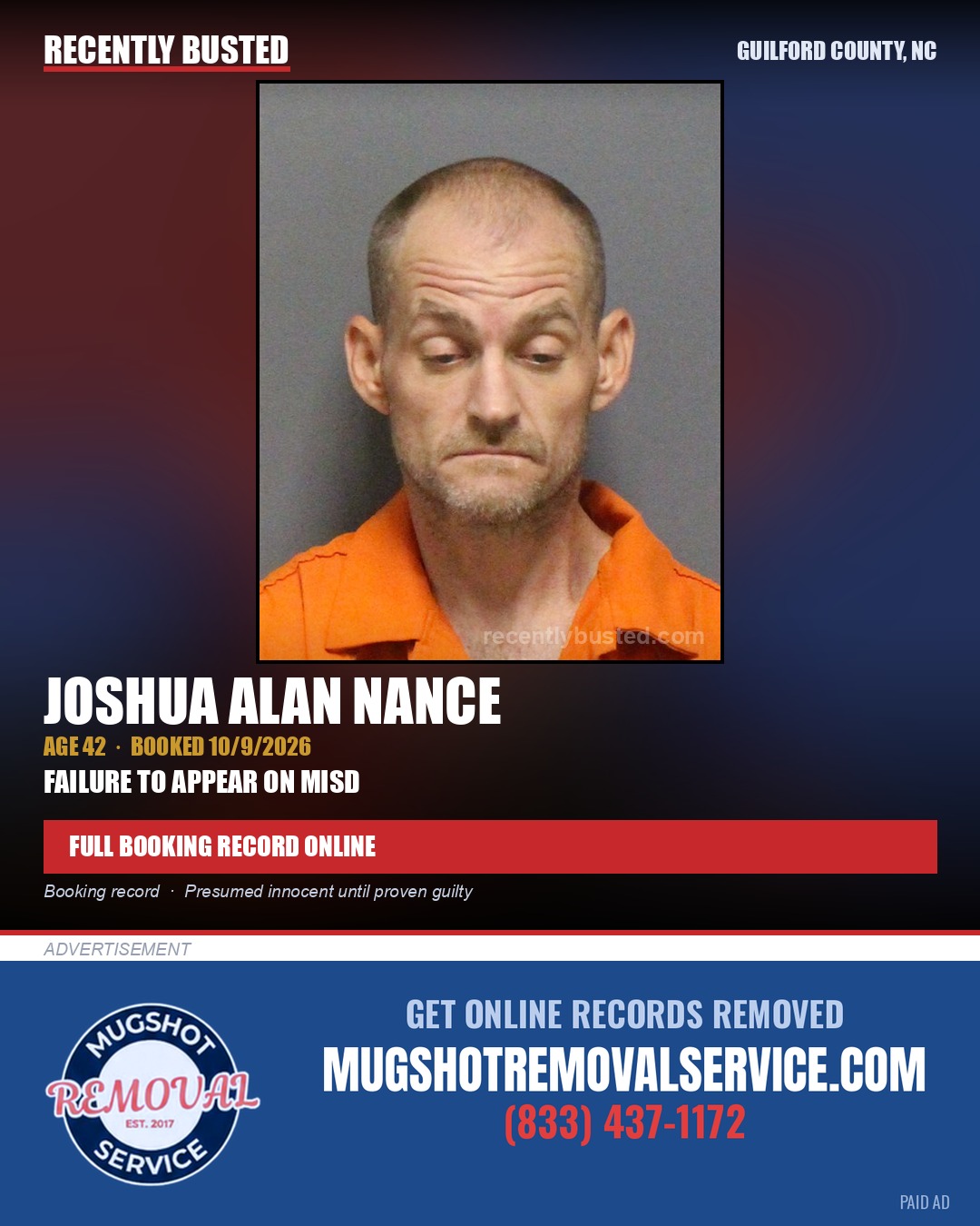 JOSHUA ALAN NANCE — arrest record card, Guilford County, North Carolina