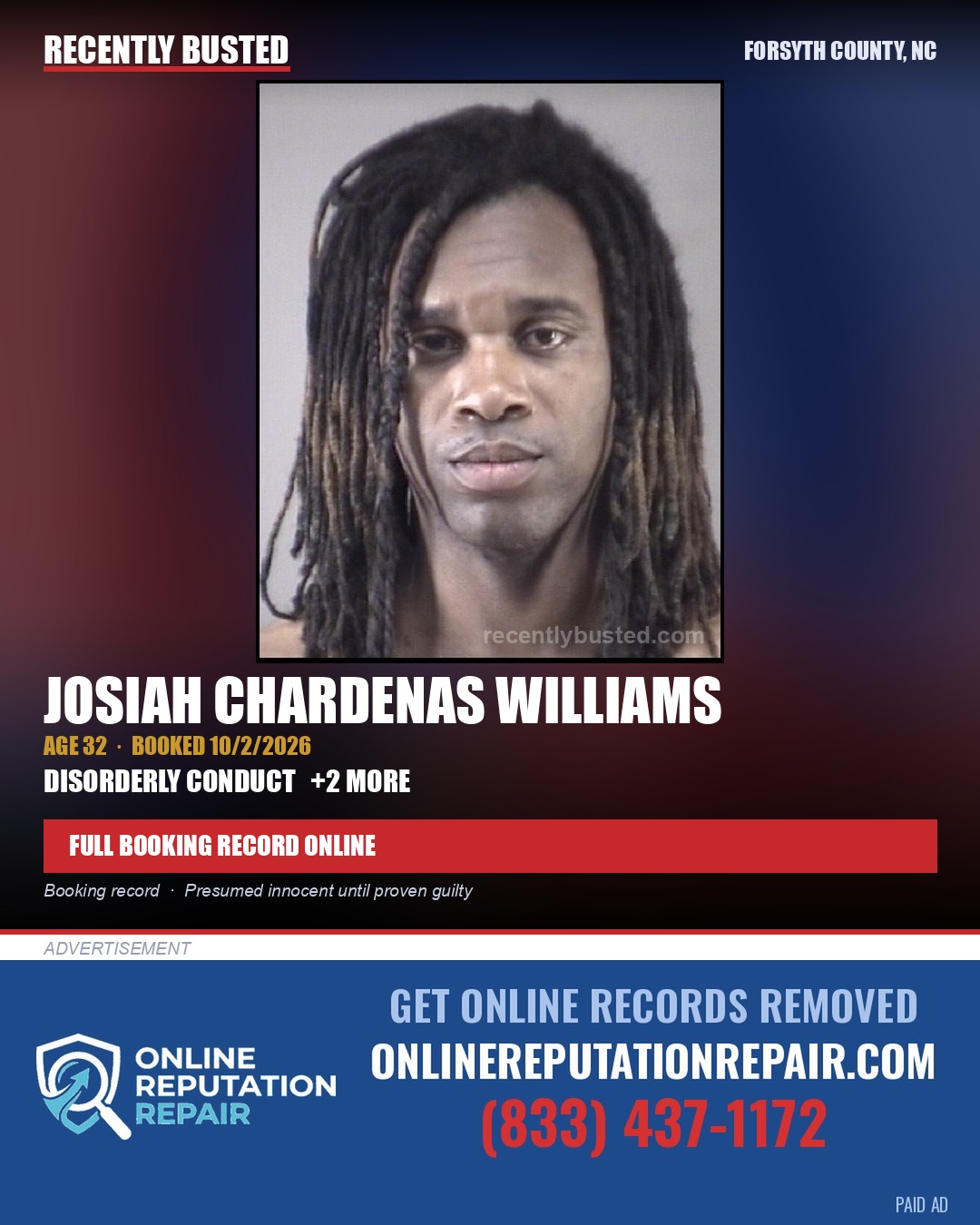 JOSIAH CHARDENAS WILLIAMS — arrest record card, Forsyth County, North Carolina