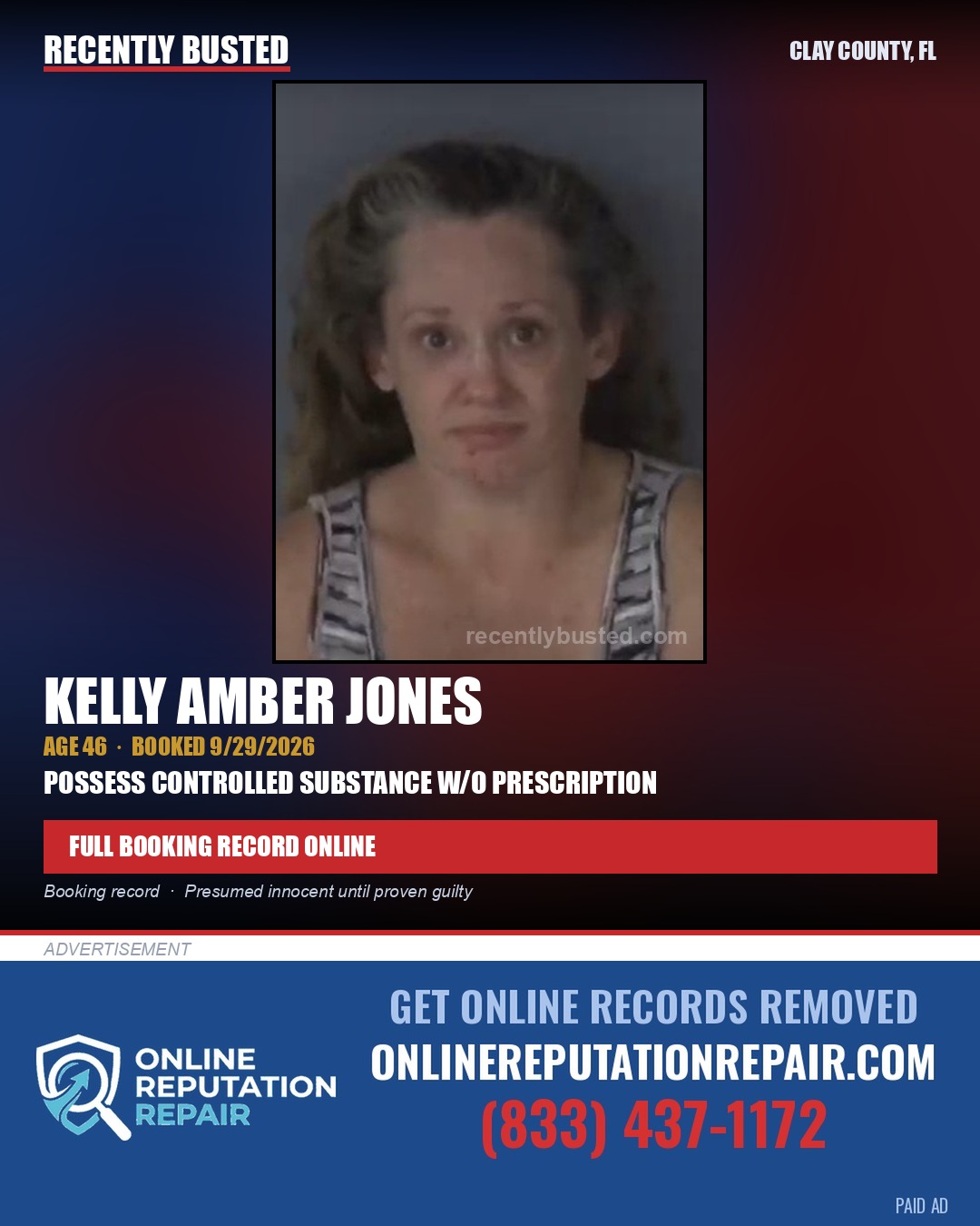 KELLY AMBER JONES — arrest record card, Clay County, Florida