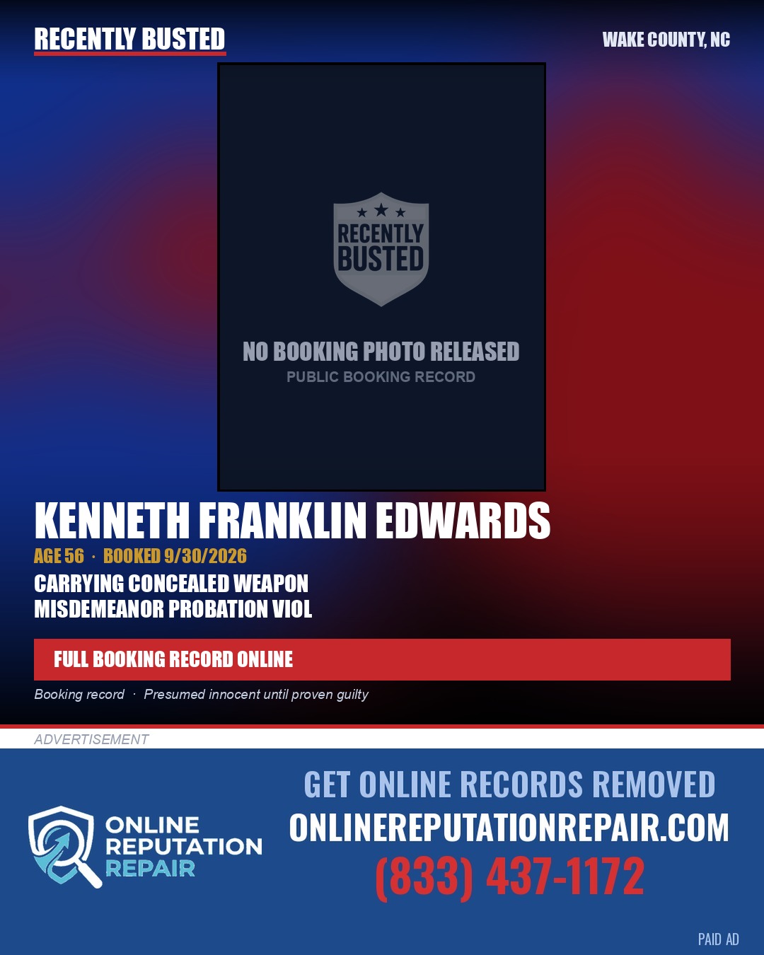 KENNETH FRANKLIN EDWARDS — arrest record card, Wake County, North Carolina