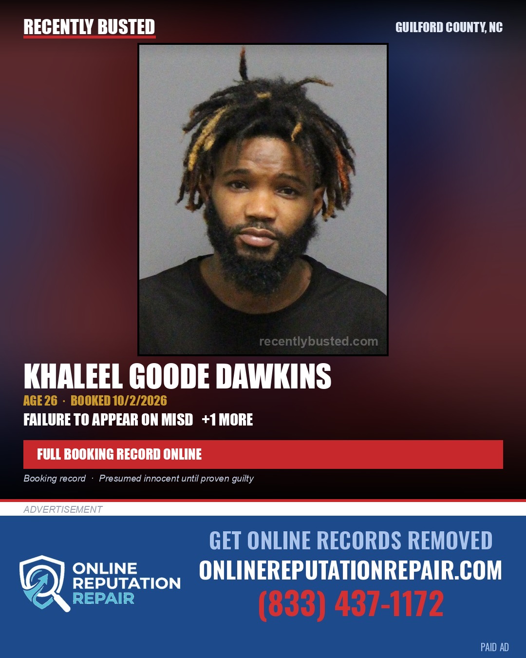 KHALEEL GOODE DAWKINS — arrest record card, Guilford County, North Carolina