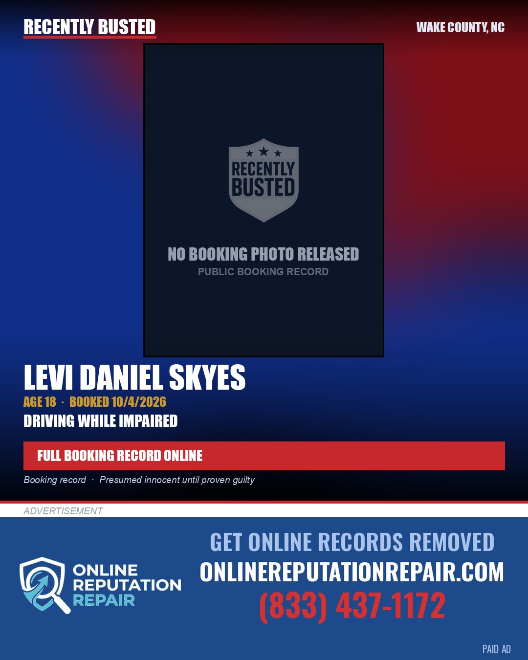 LEVI DANIEL SKYES — arrest record card, Wake County, North Carolina