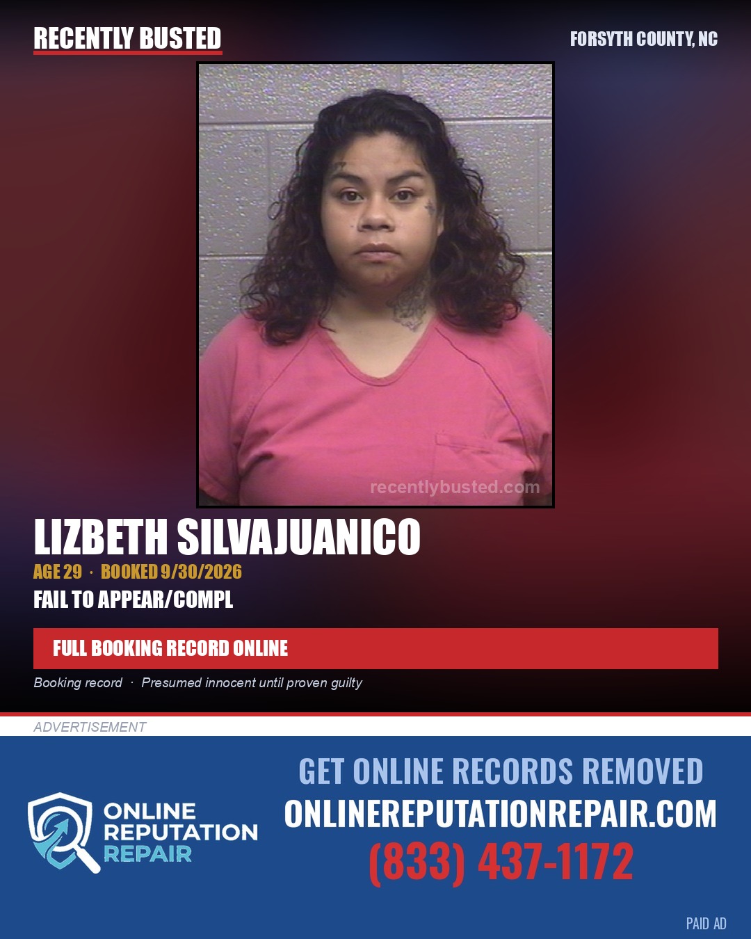 LIZBETH SILVAJUANICO — arrest record card, Forsyth County, North Carolina