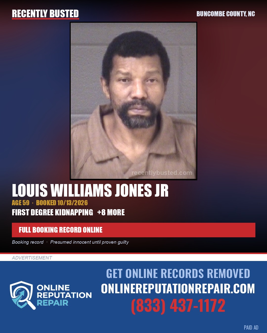 LOUIS WILLIAMS JONES JR — arrest record card, Buncombe County, North Carolina
