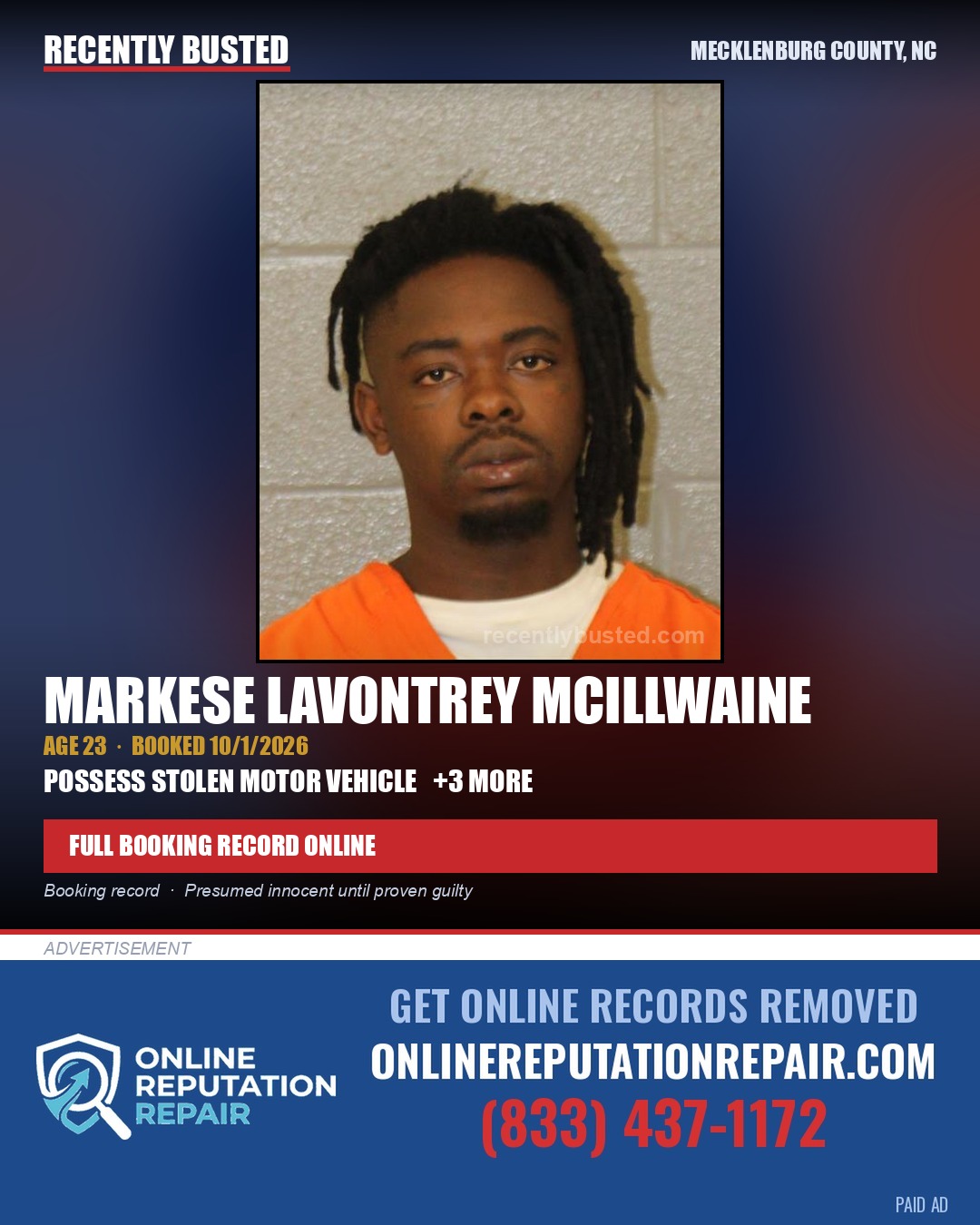 MARKESE LAVONTREY MCILLWAINE — arrest record card, Mecklenburg County, North Carolina