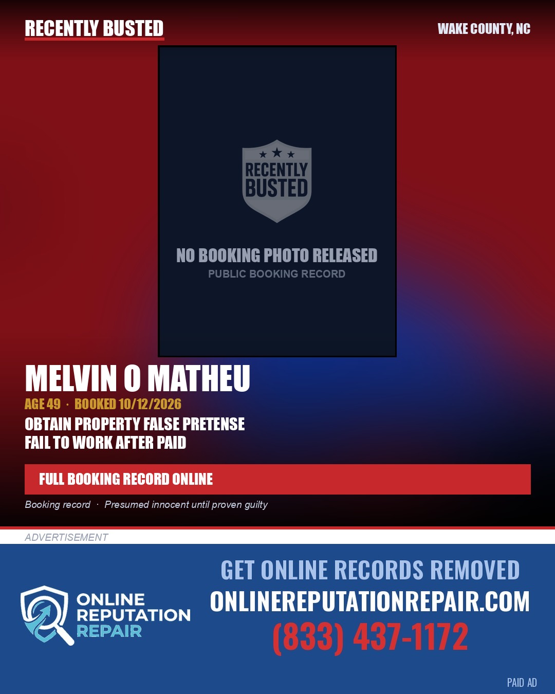 MELVIN O MATHEU — arrest record card, Wake County, North Carolina
