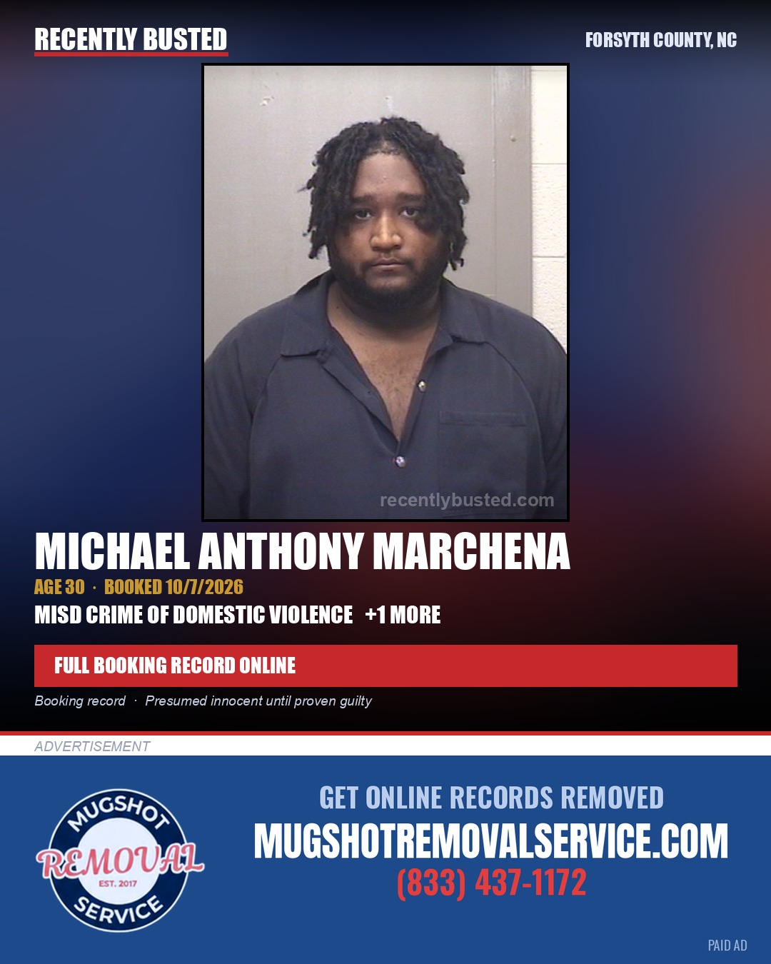MICHAEL ANTHONY MARCHENA — arrest record card, Forsyth County, North Carolina