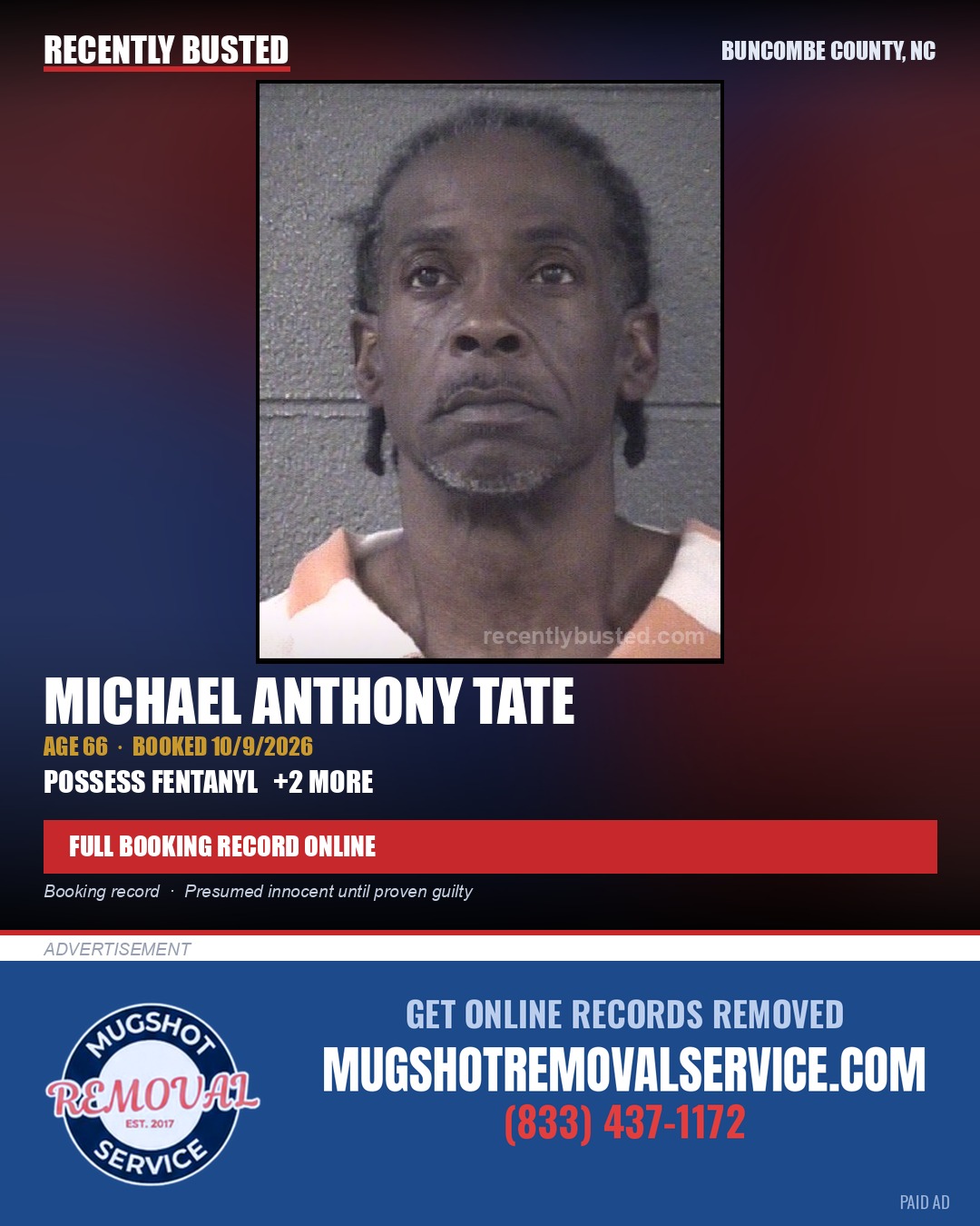 MICHAEL ANTHONY TATE — arrest record card, Buncombe County, North Carolina