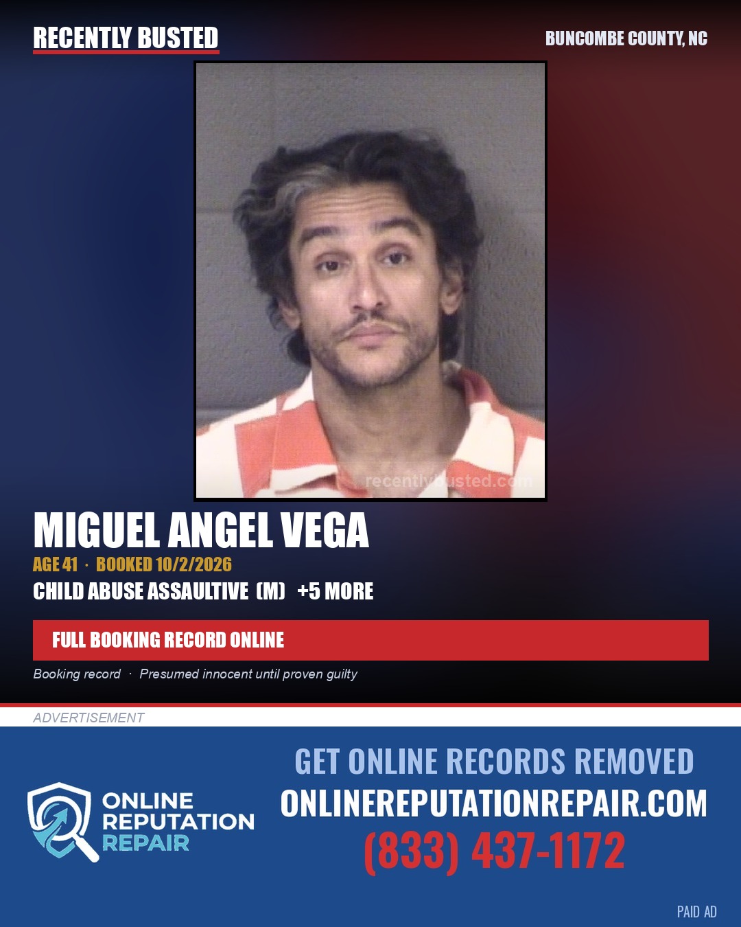 MIGUEL ANGEL VEGA — arrest record card, Buncombe County, North Carolina