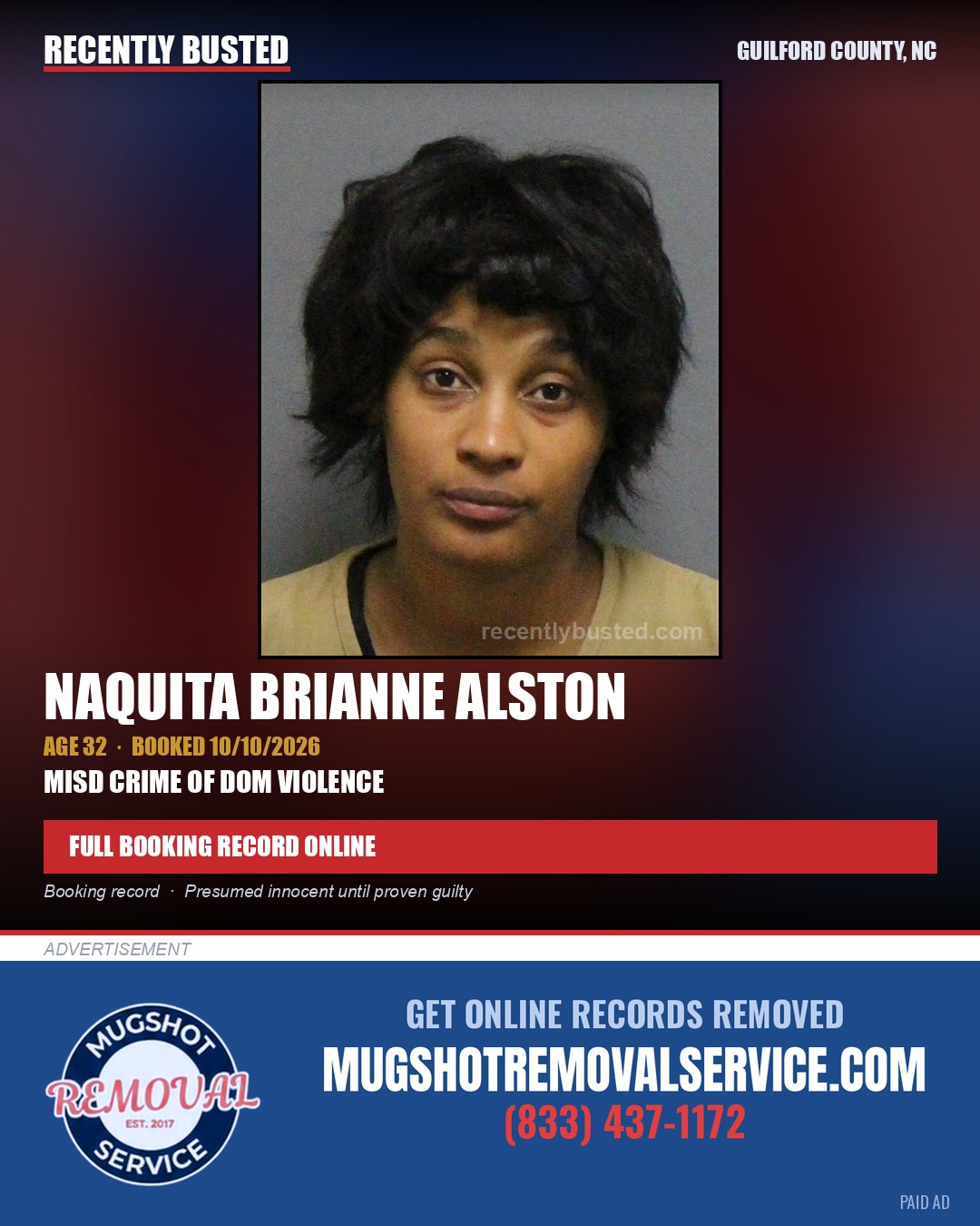 NAQUITA BRIANNE ALSTON — arrest record card, Guilford County, North Carolina