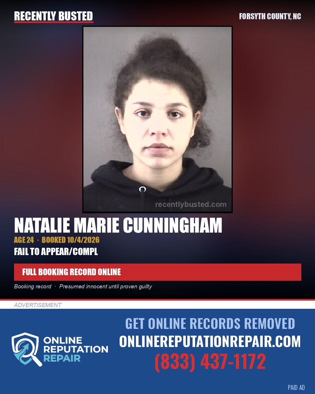 NATALIE MARIE CUNNINGHAM — arrest record card, Forsyth County, North Carolina