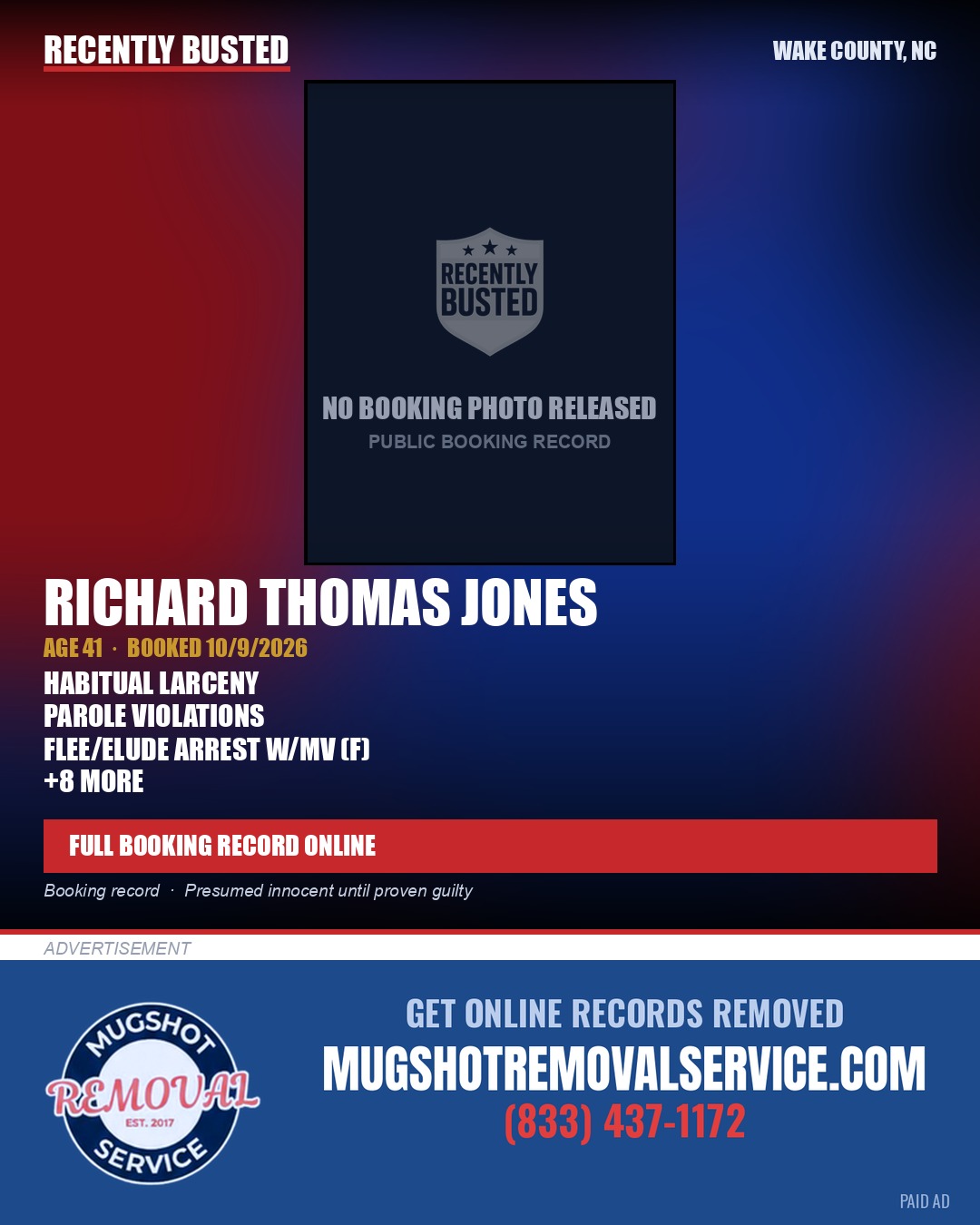 RICHARD THOMAS JONES — arrest record card, Wake County, North Carolina